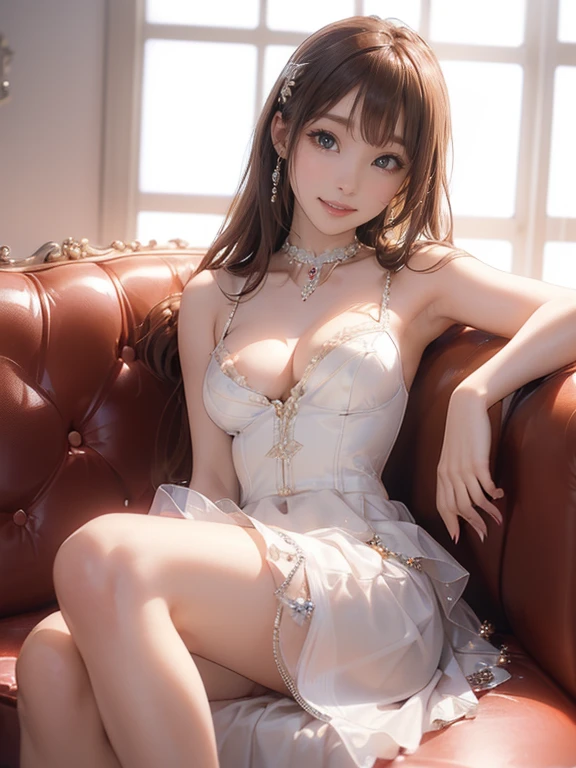 One Woman、masterpiece、Surreal((Superb photo quality、super high quality))((((White、Sexy Dress、Gorgeous rhinestone decoration、The ultimate mini skirt、Choker on neck、High heels、)))))((Bright smile))、((Beautiful Hair、Super long straight hair、Moisturized hair、Redhead))(Droopy eyes、Sparkling eyes、Eye-catching、stare)(((、Small face、Super Baby Face、Idol Makeup、Surrealな質感)))(Fair skin、Realistic Skin、Very white skin、超Big Breasts)((Super dark upscale bar、Leather sofa、Rococo))、Beautiful armpits、Firm chest、Round Breasts、Small waist、Waistline、Long legs、Bold and erotic、Sexy pose、Big Breasts(((Full Body Shot)))