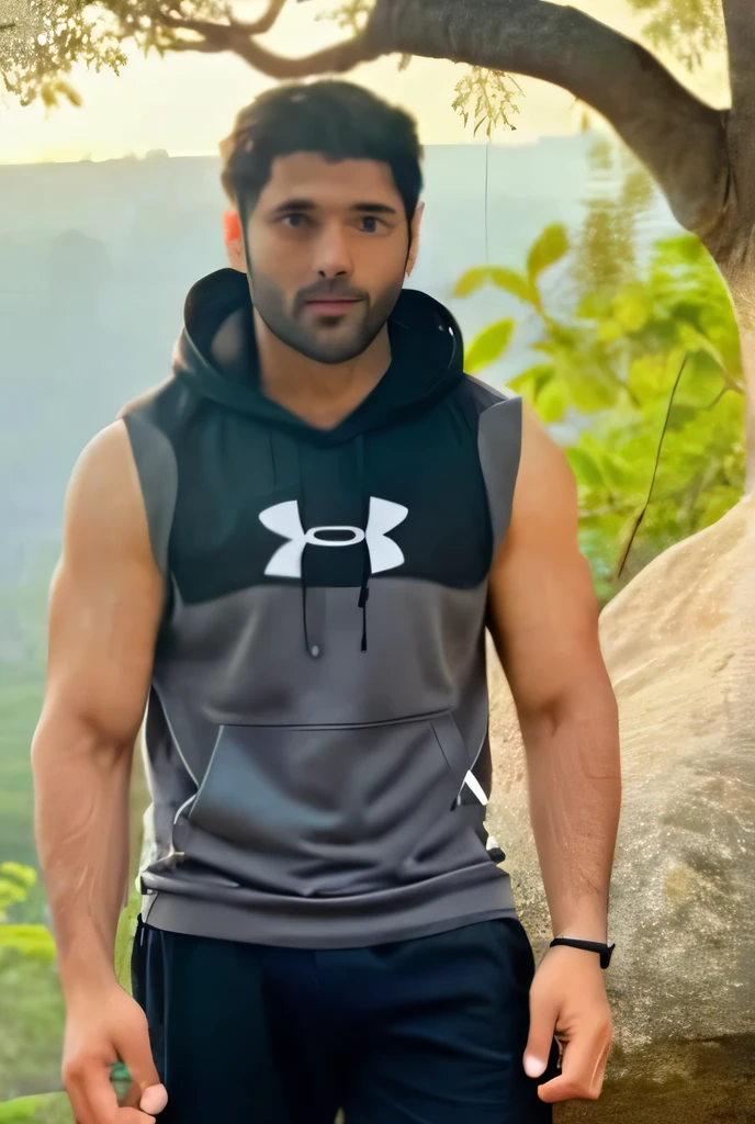 photo of eric bana a man wearing a sleeveless well-fitted under armour hoodie and compression shorts, standing on a boulder, outdoor trail, 35mm photograph, film, bokeh, professional, 4k, highly detailed, creek in the background, natural lighting, golden hour wearing pant and shirt with books under Banyan tree with friends 