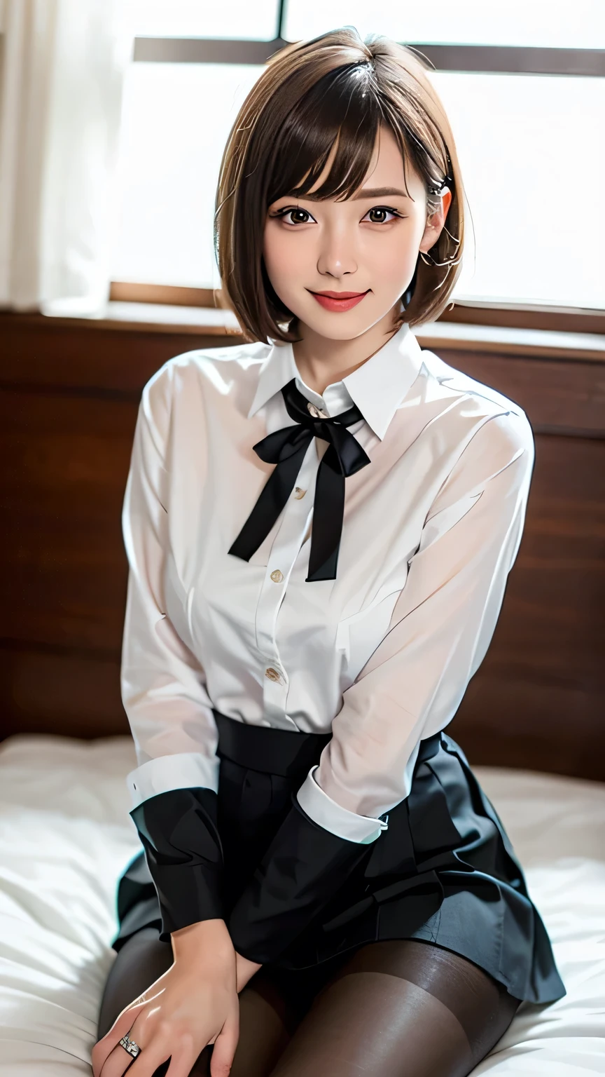 (8k, highest quality, masterpiece:1.2), (Actual, Realistic:1.37), Very detailed,
1 girl,Lovely, alone,Beautiful and detailed sky,Cafe details,Sitting,abolition,(smile:1.15),(Please keep your mouth shut) Small breasts,Beautiful and delicate eyes,(Collared shirt:1.1), White shirt, Pleated skirt,black collar,black,White lace, Beautiful legs,(super Realistic pantyhose:1.3), Buttons suddenly open
(Details of short hair with bangs:1.2),Flowing hair ,New frog style,,White skin,Light,Bedroom,Bedridden