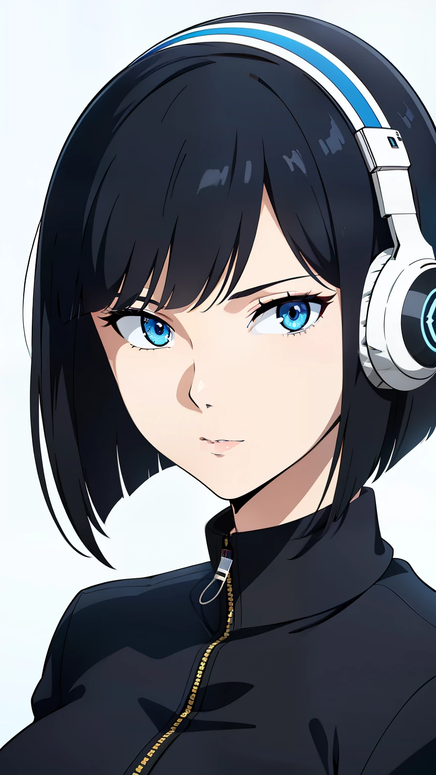 (best quality:1.5, highres, UHD, 4K, detailed lighting, shaders), black hair, short hair, sleek bob hair, cool woman, cool girl, tomboy girl, sharp eyes, blue eyes, beautiful, (pov, close shot), simple background, casual clothes, with headphones