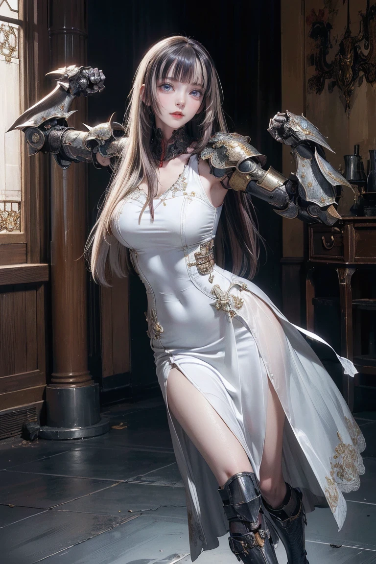 (Random Battle Poses:1.5),(Movie Scenes,Fantasy art,Best image quality,(8k),Ultra-realistic,最high quality,high quality,High resolution,High quality texture,Attention to detail,Beautiful details,Fine details,Highly detailed CG,Detailed Texture,Realistic facial expressions,masterpiece,before,dynamic,bold),1 Girl,Highly detailed skin,curve,Beautiful breasts,Big Breasts,Pale skin,Pointed Chest,????? nipples,(Thin Hair),(Soft Hair),(Super Straight Hair),Long, slicked bangs,Very light coppery amber hair,Hair on one eye,(Leather boots,(asymmetrical mechanical armor),(White lace long dress with embroidery,See through:1.2))