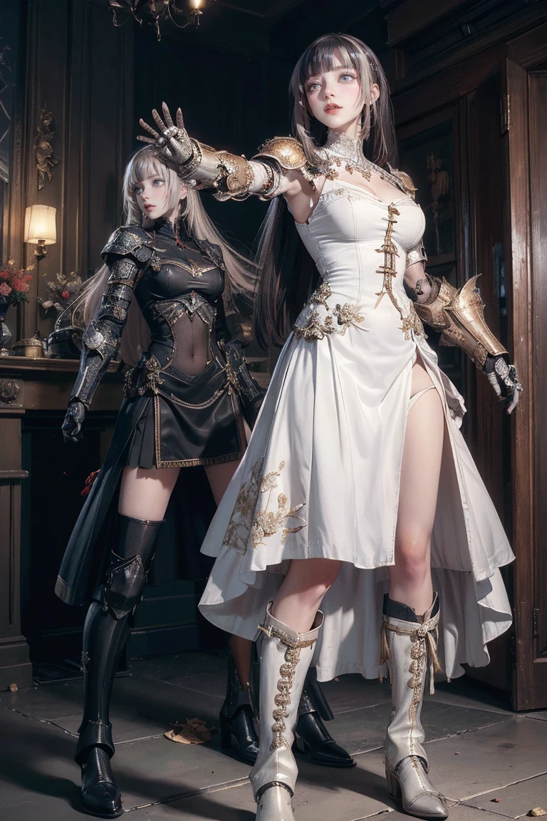 (Random Battle Poses:1.5),(Movie Scenes,Fantasy art,Best image quality,(8k),Ultra-realistic,最high quality,high quality,High resolution,High quality texture,Attention to detail,Beautiful details,Fine details,Highly detailed CG,Detailed Texture,Realistic facial expressions,masterpiece,before,dynamic,bold),1 Girl,Highly detailed skin,curve,Beautiful breasts,Big Breasts,Pale skin,Pointed Chest,Erect nipples,(Thin Hair),(Soft Hair),(Super Straight Hair),Long, slicked bangs,Very light coppery amber hair,Hair on one eye,(Leather boots,(asymmetrical mechanical armor),(White lace long dress with embroidery,See through:1.2))