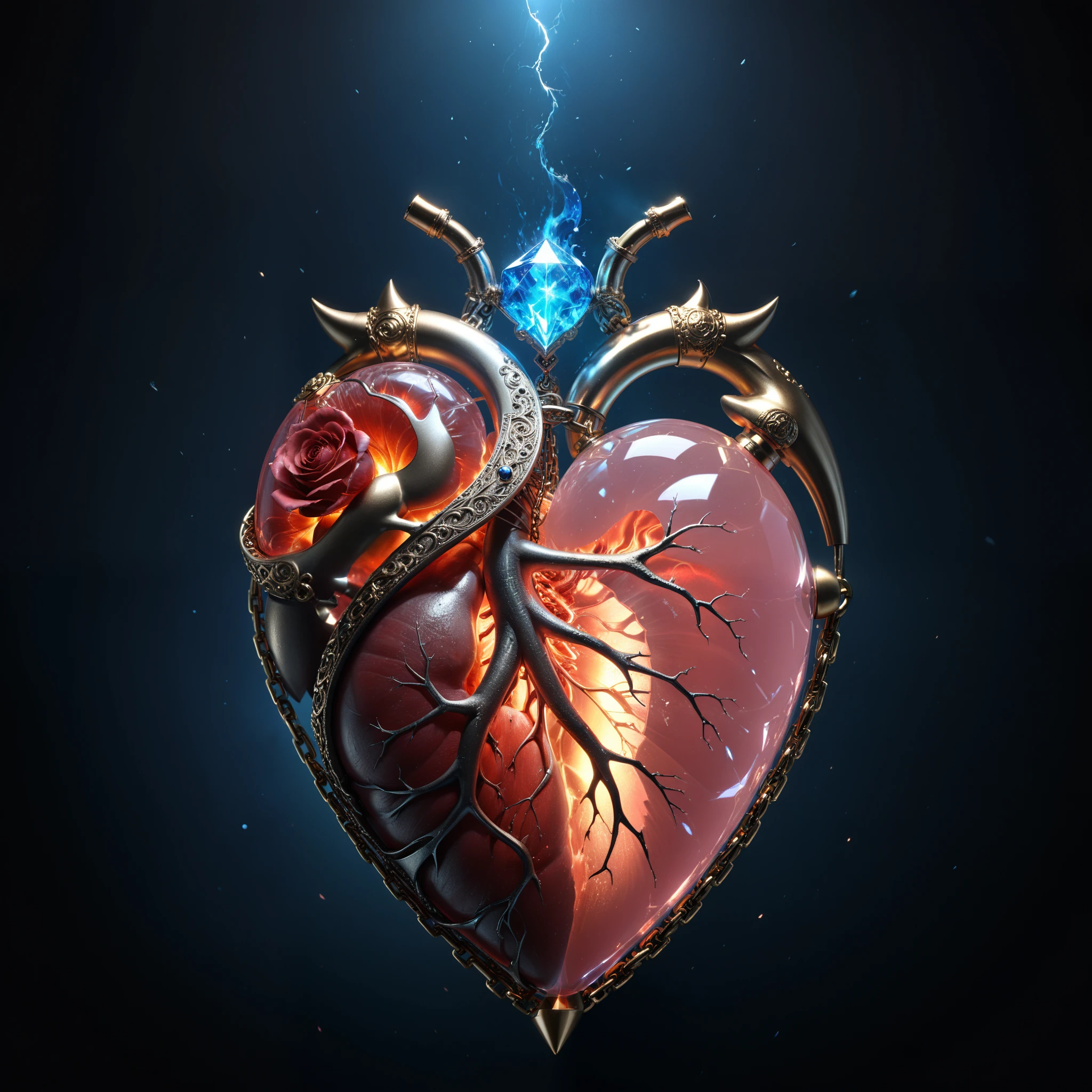 in style of John Bauer,(in style of by Liu Ye:0.9),
conceptual design of the transparent glass human heart (organ),(a glowing glass heart (organ) entangle in a metal chain and lightning bolt:1.3),(Flexible Polyhedron lines heart (organ) closeup:1.4),(Rose Quartz:1.3),(blue fire draws lines:1.6),
(the red crescent moon background:1.6),sharp,sharp image,(insanely detailed and intricate, hypermaximalist, elegant, ornate, hyper realistic, super detailed:1.1),extremely detailed,Amazing resolution,8k,Ray Tracing,masterpiece,Particle Effects,Beautiful Effects,
BREAK
(darkness:1.4),(extreme shadows:1.4),(Best Shadow:1.4),dark atmosphere,