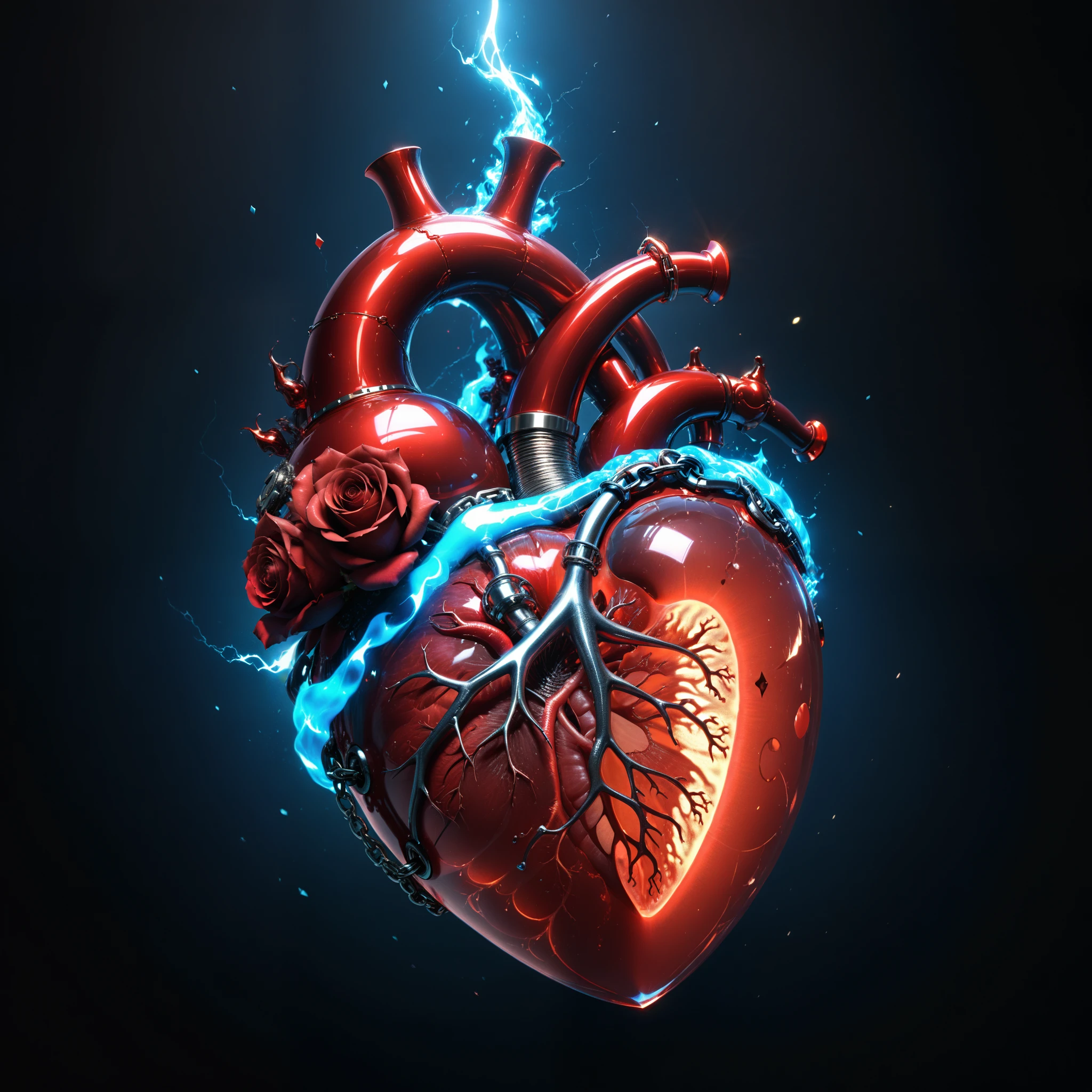 in style of John Bauer,(in style of by Liu Ye:0.9),
conceptual design of the transparent glass human heart (organ),(a glowing glass heart (organ) entangle in a metal chain and lightning bolt:1.3),(Flexible Polyhedron lines heart (organ) closeup:1.4),(Rose Quartz:1.3),(blue fire draws lines:1.6),
(the red crescent moon background:1.6),sharp,sharp image,(insanely detailed and intricate, hypermaximalist, elegant, ornate, hyper realistic, super detailed:1.1),extremely detailed,Amazing resolution,8k,Ray Tracing,masterpiece,Particle Effects,Beautiful Effects,
BREAK
(darkness:1.4),(extreme shadows:1.4),(Best Shadow:1.4),dark atmosphere,