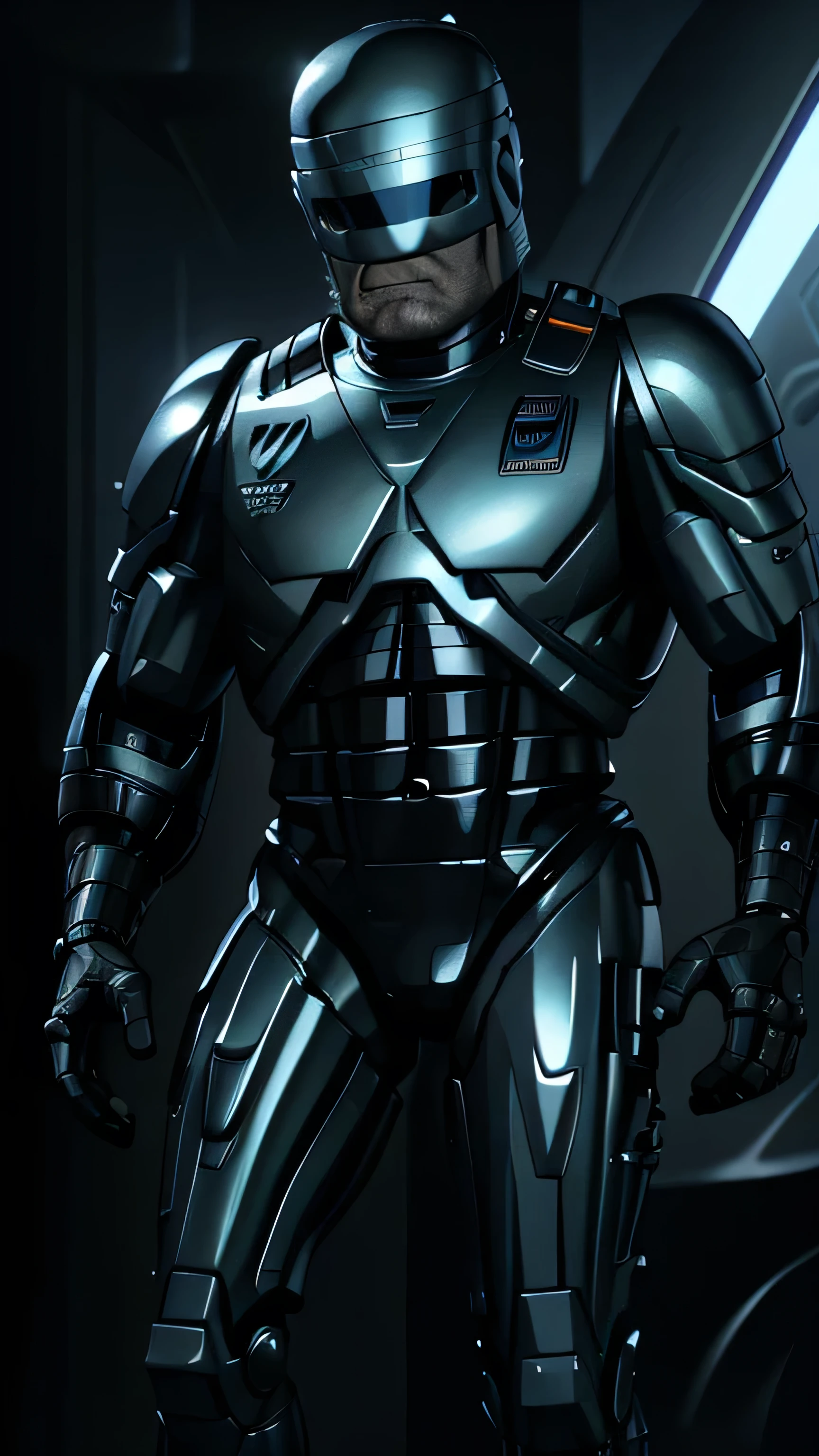 (Sean Bean) as robocop, helmet, stubble, (1man), (solo), (full body view), beautiful detailed glow, detailed, cinematic light, intricate detail, realistic, highres, detailed facial features, high detail, sharp focus, smooth, aesthetic, extremely detailed, stamp, octane render