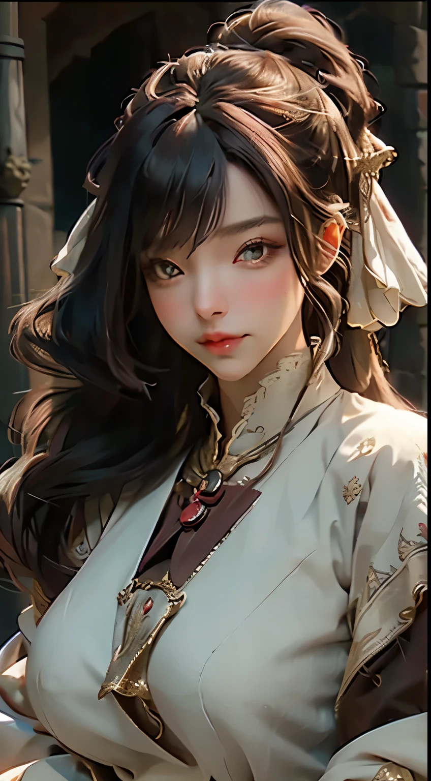 female, gigantic breast, naughty face, medieval city, cloud, motherly, thicc