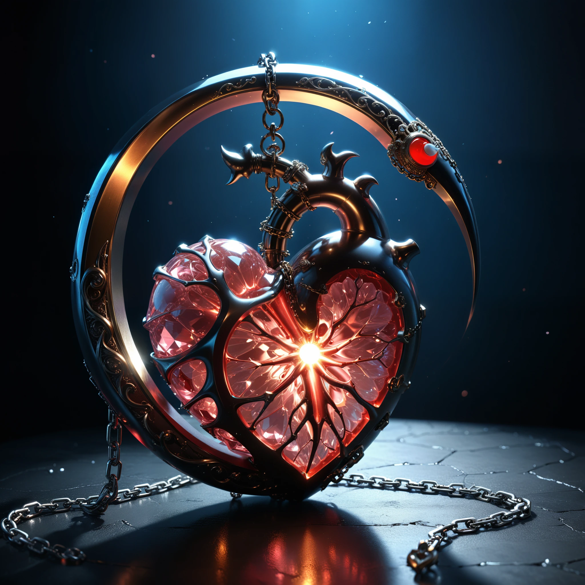 in style of John Bauer,(in style of by Liu Ye:0.9),
conceptual design of the transparent glass human heart (organ),(a glowing glass heart (organ) entangle in a metal chain and lightning bolt:1.3),(Flexible Polyhedron lines heart (organ) closeup:1.4),(Rose Quartz:1.3),(blue fire draws lines:1.6),
(the red crescent moon background:1.6),sharp,sharp image,(insanely detailed and intricate, hypermaximalist, elegant, ornate, hyper realistic, super detailed:1.1),extremely detailed,Amazing resolution,8k,Ray Tracing,masterpiece,Particle Effects,Beautiful Effects,
BREAK
(darkness:1.4),(extreme shadows:1.4),(Best Shadow:1.4),dark atmosphere,