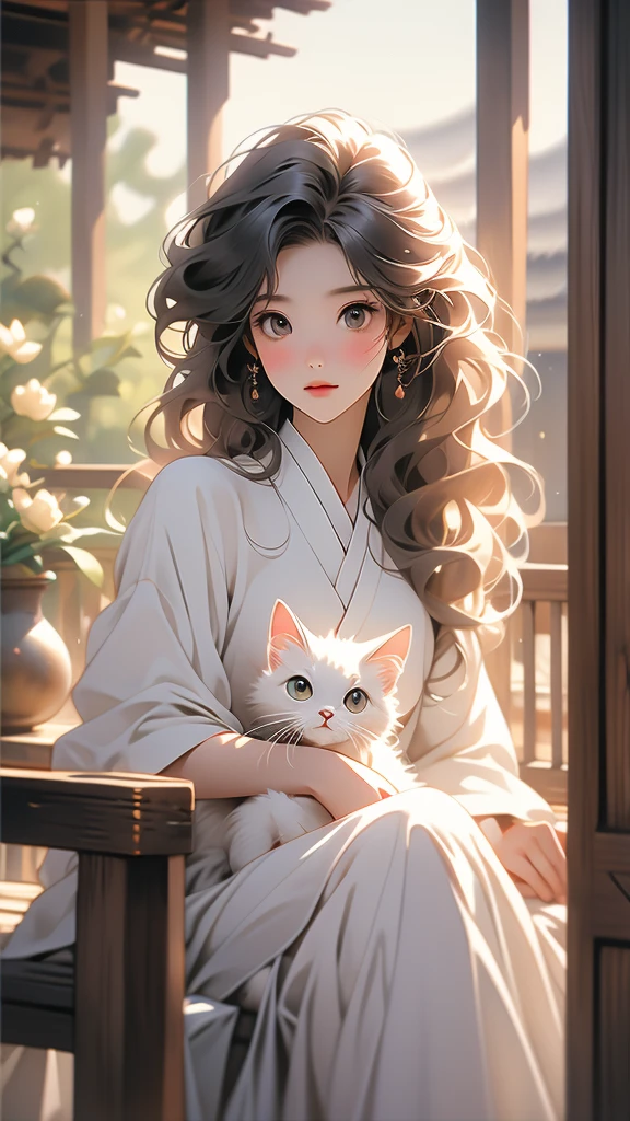 air brush、whimsical、glossy oil painting、Cute with blurred edges，Japanese animation style.air feeling，Beautiful oriental girl holding a cat，black flowing hair，Pure white tulle kimono，White socks，Sitting on a wooden porch in front of a rusty old wooden door, simply dressed and looking at the camera，Watercolor edge rendering.hyper-realistic、Wavy curls、textured,Blurred background,Potted flowers on the porch。