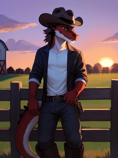 ((Jonathan 
A red and black male dragon with brown hair and black eyes and black horns with a cowboy hat and boots leaning on a fence next to a field at a farm with a barn in the background during a sunset)) ,pose))) , big chest , day, , sensual, detailed, uploaded to e621, beautiful and detailed portrait of an anthropomorphic , (((male))) uploaded to e621, zaush, foxovh, movie lighting, thicc, alone, detailed, 8k res, hires, detailed eyes, good anatomy, good perspective, towards viewer, by bebebebebe, by sicklyhypnos, by gerkk, by orf, nice hands, perfect hands, happy, romantic, ray tracing lighting, rtx on, By Bebebebebe, by SpiritD, by KOBITOWANI, b est quality, masterpiece, perfect anatomy, detai led picture)), 1femboy, , sexy body, fluffy tail, shy, horny, romantic, up close, wearing not a single bit of clothing, huge thighs, Jonathan 
A red and black male dragon with brown hair and black eyes and black horns with a cowboy hat and boots leaning on a fence next to a field at a farm with a barn in the background during a sunset