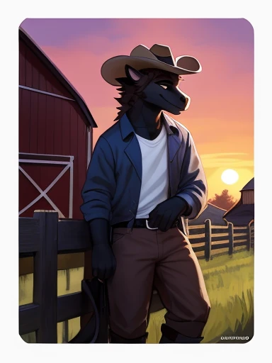 ((Jonathan 
A red and black male dragon with brown hair and black eyes and black horns with a cowboy hat and boots leaning on a fence next to a field at a farm with a barn in the background during a sunset)) ,pose))) , big chest , day, , sensual, detailed, uploaded to e621, beautiful and detailed portrait of an anthropomorphic , (((male))) uploaded to e621, zaush, foxovh, movie lighting, thicc, alone, detailed, 8k res, hires, detailed eyes, good anatomy, good perspective, towards viewer, by bebebebebe, by sicklyhypnos, by gerkk, by orf, nice hands, perfect hands, happy, romantic, ray tracing lighting, rtx on, By Bebebebebe, by SpiritD, by KOBITOWANI, b est quality, masterpiece, perfect anatomy, detai led picture)), 1femboy, , sexy body, fluffy tail, shy, horny, romantic, up close, wearing not a single bit of clothing, huge thighs, Jonathan 
A red and black male dragon with brown hair and black eyes and black horns with a cowboy hat and boots leaning on a fence next to a field at a farm with a barn in the background during a sunset