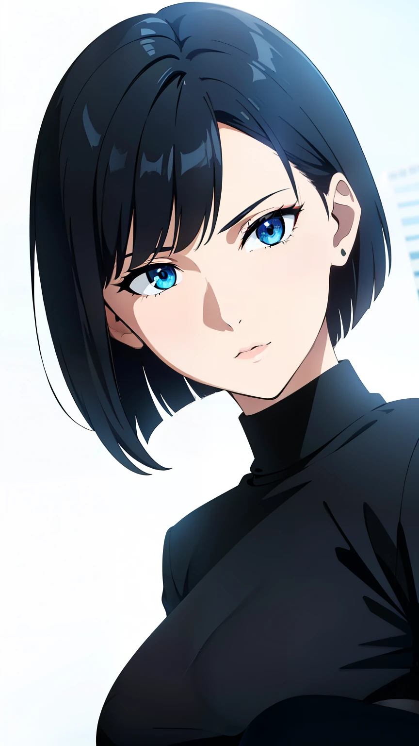 (best quality:1.5, highres, UHD, 4K, detailed lighting, shaders), black hair, short hair, sleek bob hair, cool woman, cool girl, sharp eyes, blue eyes, beautiful, (pov, close shot), simple background, casual clothes, with headphones