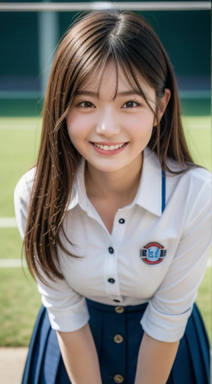 Enhanced dynamic perspective,Cute cute beautiful girl,JK ,Look at me and smile,simple backgound,Works of masters,high quarity,Girls' Schools、4K resolution,super-fine,Detailed pubic hair,precise,Cinematic lighting,Volleyball Club、Leaves the original facial proportions、(large full breasts)、((buttonGap))、crouching down、tied long hair