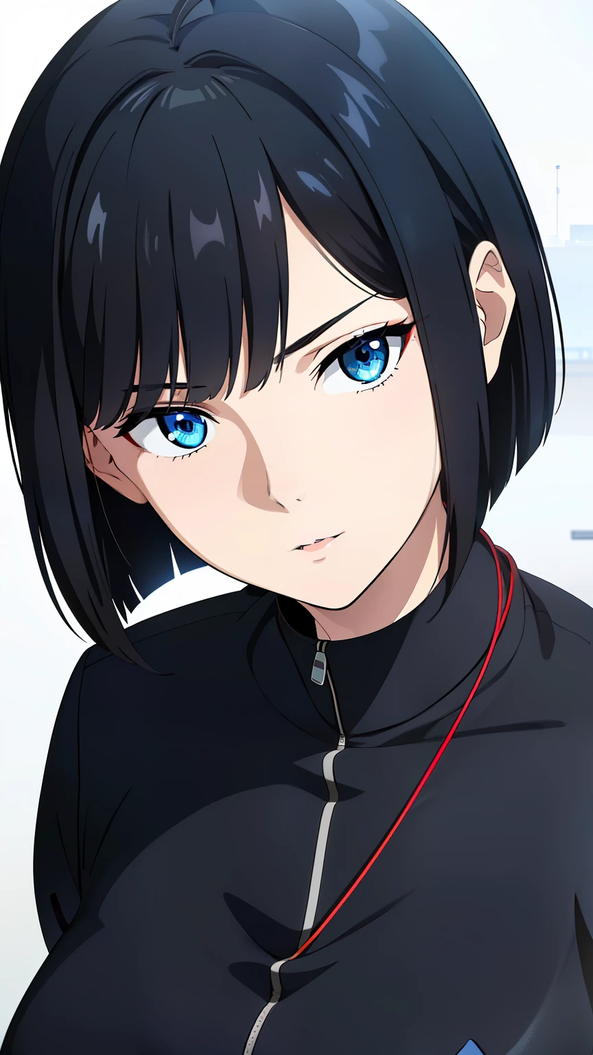 (best quality:1.5, highres, UHD, 4K, detailed lighting, shaders), black hair, short hair, sleek bob hair, cool woman, cool girl, sharp eyes, blue eyes, beautiful, (pov, close shot), simple background, casual clothes, with headphones