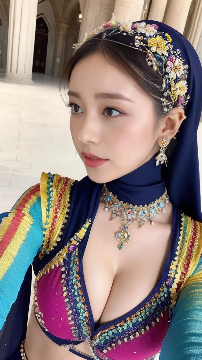 colorful, null, Flowers, Magic, Fantasy, That, highest quality,beautiful detailed hijabi,Fascinating face,Tzuyu、Aiu、Your ,Long eyelashes,Wearing a colorful bellydancer,Detailed explanation,huge ,With cleavage, Underbust, Side bust,Looking into the camera, Hogwarts