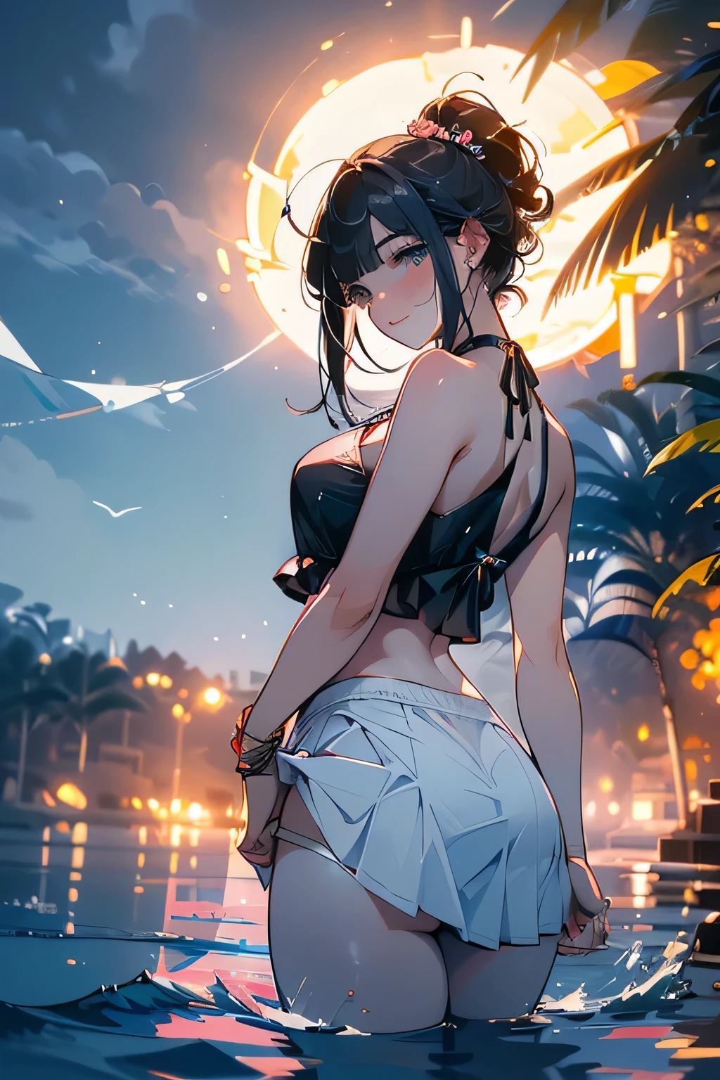 ((panty shot)),((lifting skirt)),((white panties focus)),(low angle,from below),((masterpiece, highest resolution,best quality)), (beautiful illustration), ((semi long beautiful black hair,blunt bangs,pony tail,beautiful eyes)),(solo),(elegant swimsuit, bikini,),(looking at the viewer), (bathing in the sea),(innocent cute laugh), (cinematic lighting),beach, sand, night sky, full moon,waves, coconut tree,fish,boat,sea gull,