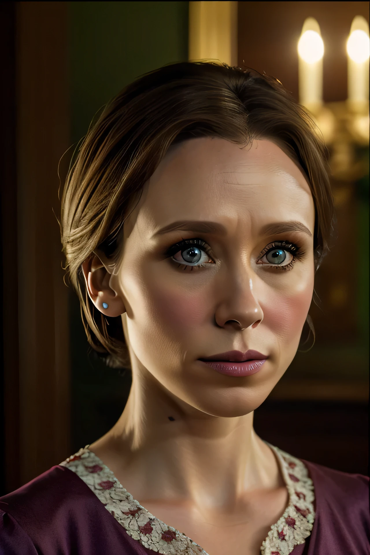 American actress Vera Farmiga of The Conjuring movie series, half body shot, detailed face, detailed representation of the face, detailed eyes, high quality, high resolution, best image, whole body shot wearing outfit, facing the audience, 8k, high quality, colorful background