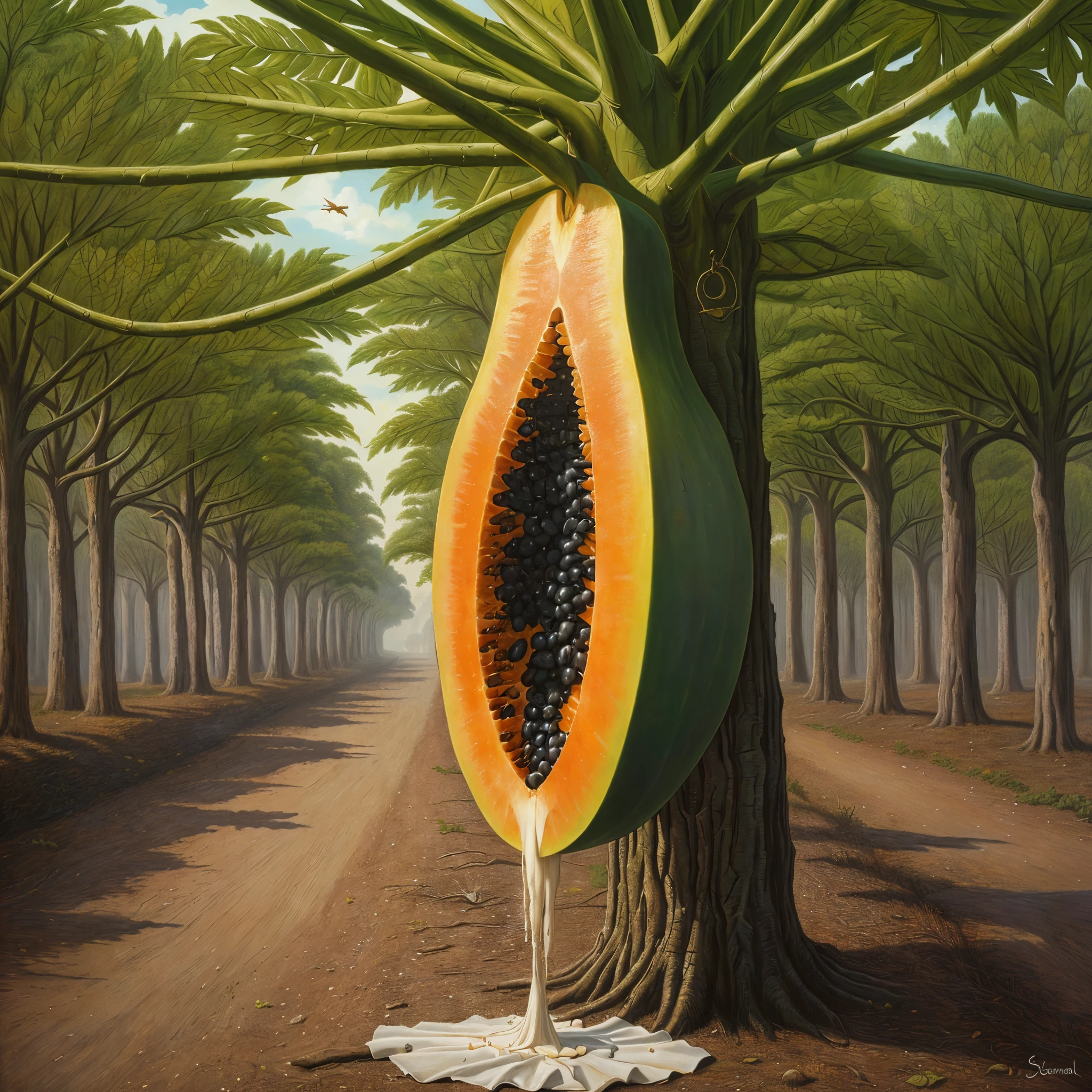 there is a papaya hanging from a tree in a field, chorreando de leche, inspired por Jacek Yerka, inspired por Vladimir Kush, en Joop Sanders, jacek yerka y vladimir kush, por Vladimir Kush, inspirado por Christoffer Wilhelm Eckersberg, by Peter de Sève, por Stevan Dohanos, por Jacek Yerka