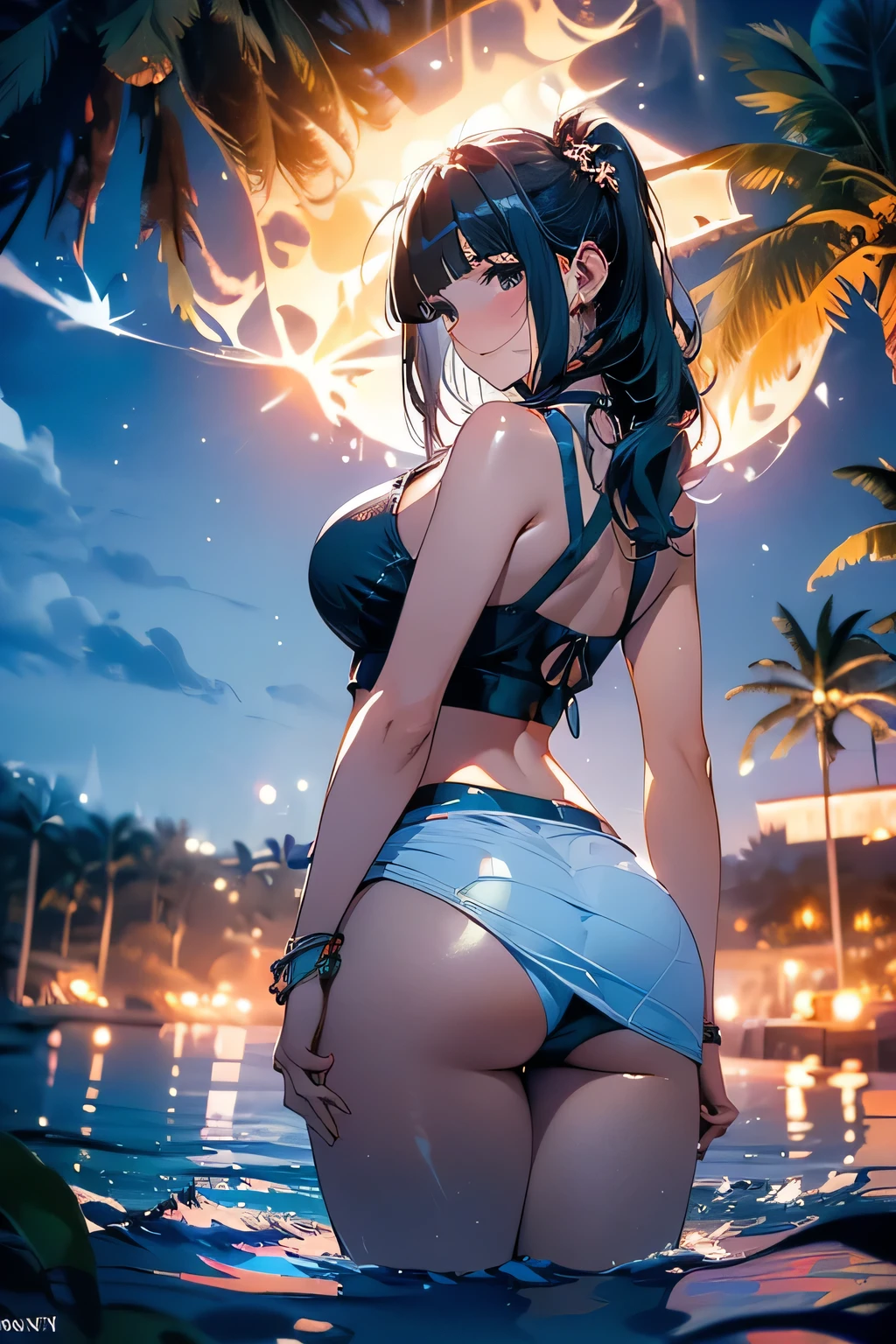 ((panty shot)),((lifting skirt)),((white panties focus)),(low angle,from below),((masterpiece, highest resolution,best quality)), (beautiful illustration), ((semi long beautiful black hair,blunt bangs,pony tail,beautiful eyes)),(solo),(elegant swimsuit, bikini,),(looking at the viewer), (bathing in the sea),(innocent cute laugh), (cinematic lighting),beach, sand, night sky, full moon,waves, coconut tree,fish,boat,sea gull,
