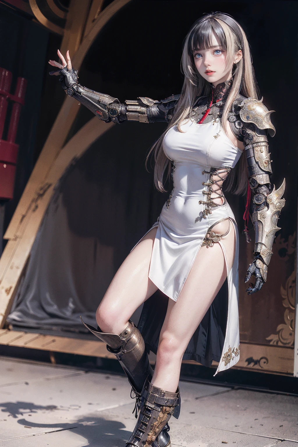 (NSFW:0.9),(Random Battle Poses:1.5),(Movie Scenes,Fantasy art,Best image quality,(8k),Ultra-realistic,最high quality,high quality,High resolution,High quality texture,Attention to detail,Beautiful details,Fine details,Highly detailed CG,Detailed Texture,Realistic facial expressions,masterpiece,before,dynamic,bold),1 Girl,Highly detailed skin,curve,Beautiful breasts,Big Breasts,Pale skin,Pointed Chest,Erect nipples,(Thin Hair),(Soft Hair),(Super Straight Hair),Long, slicked bangs,Very light coppery amber hair,Hair on one eye,(Leather boots,(asymmetrical mechanical armor),(White lace long dress with embroidery,See through:1.2))