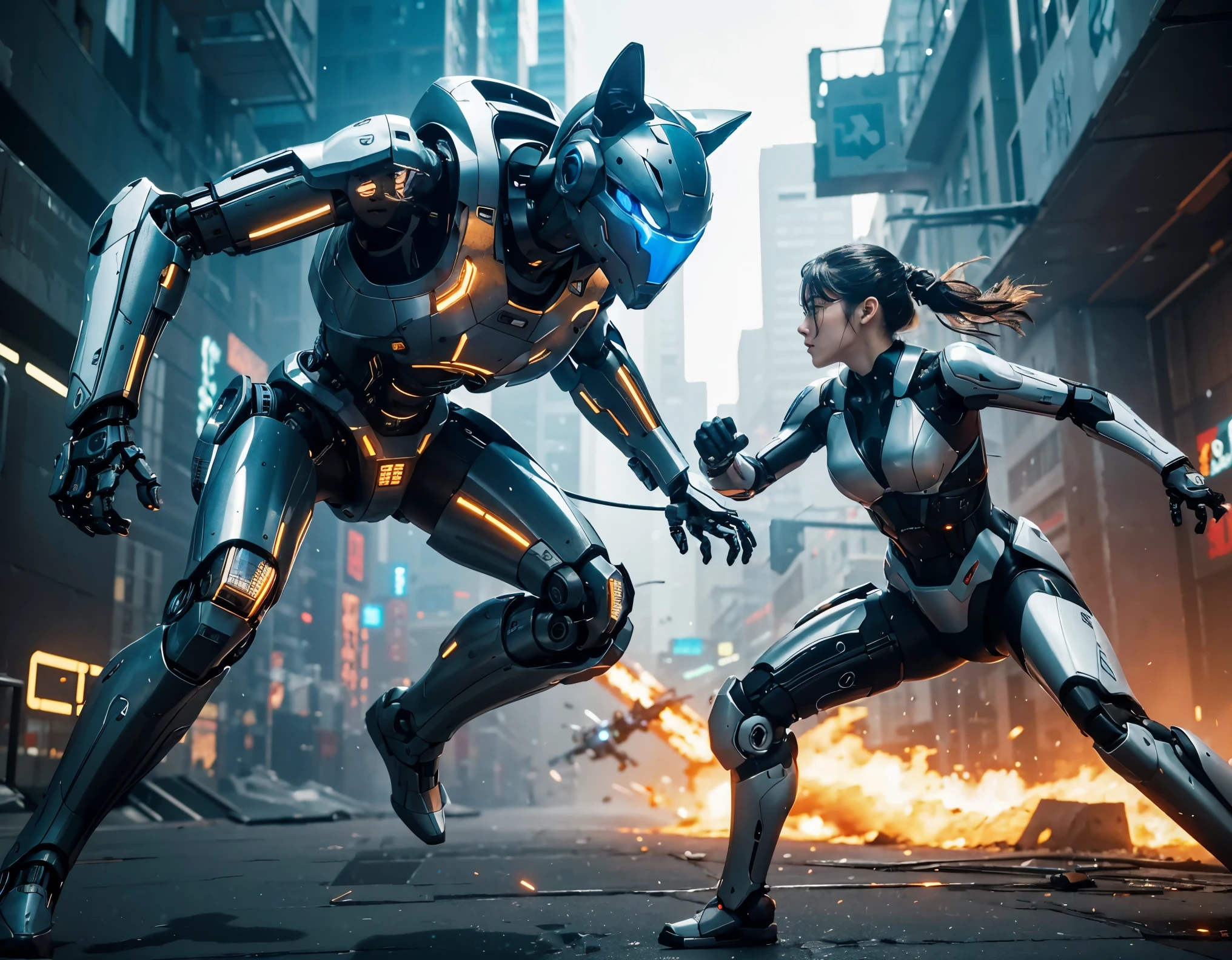 a cyberpunk scene featuring a robotic cat and a cybernetic girl charging into battle together with dynamic and intense actions. The background is blurred, emphasizing the fast-paced and high-energy nature of the scene. The cybernetic duo exudes a sense of futuristic warfare and technological prowess, their movements capturing the adrenaline-fueled intensity of the moment. This captivating image immerses viewers in a world of advanced robotics and fierce combat, blending elements of sci-fi and action in a visually dynamic and evocative composition,speed line:2