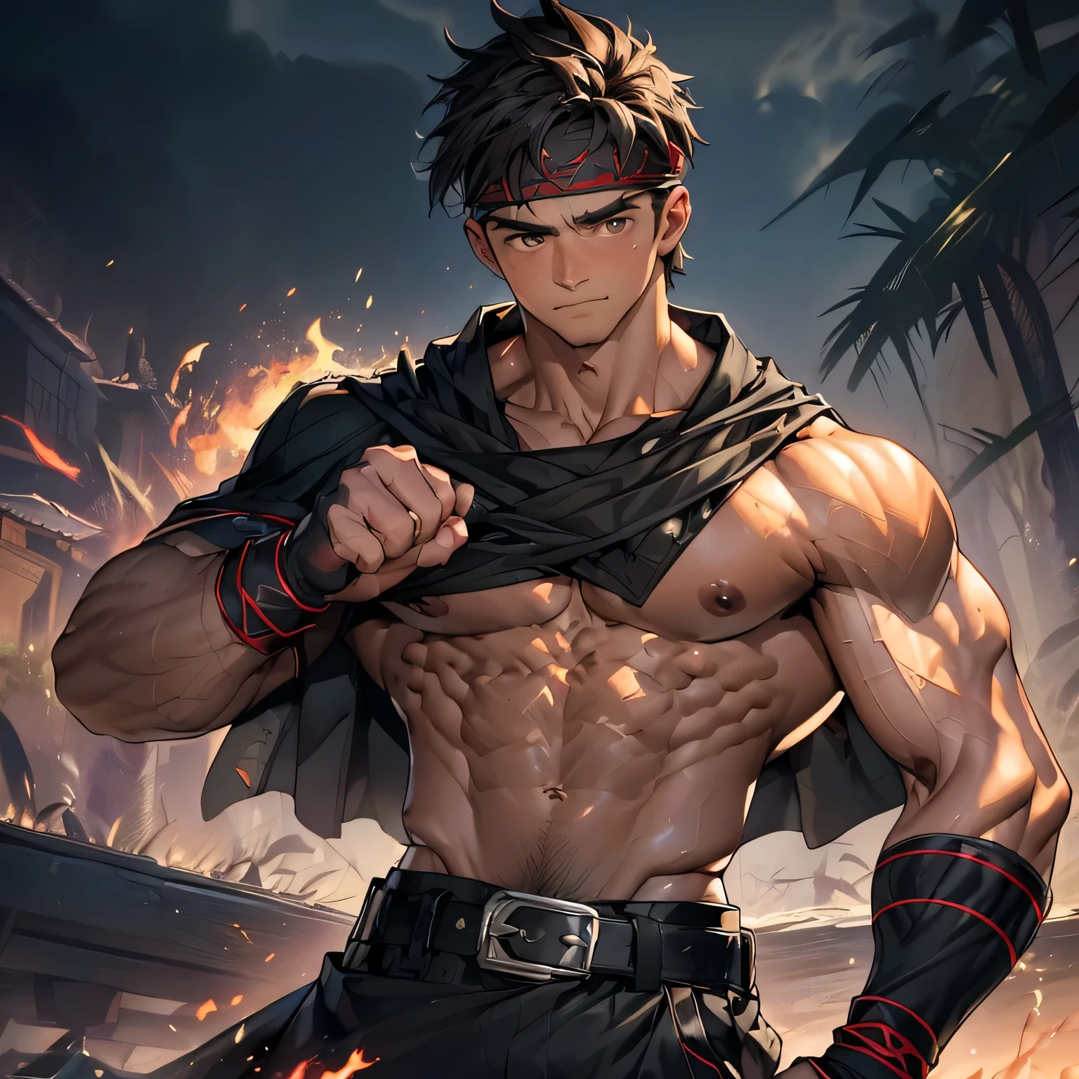 (Masterpiece, Best quality 19 year old boy, black background), solo, Young, boy, muscler, (Dark Short straight hair, under cut, brown eyes, topless), (red headband, ((fingerless gloves, belt, black wristband, long cloak))), (hot Abs:1.2, abs!, big abs, big breast:1.2, chest!, upper arms), Vivid colors, muscler body, (aura power:1.4), detailed face, detailed muscle, (((A magical mystical aura, rippling muscles, chilling atmosphere, subtle color tones, dynamic pose, intense action scene)))