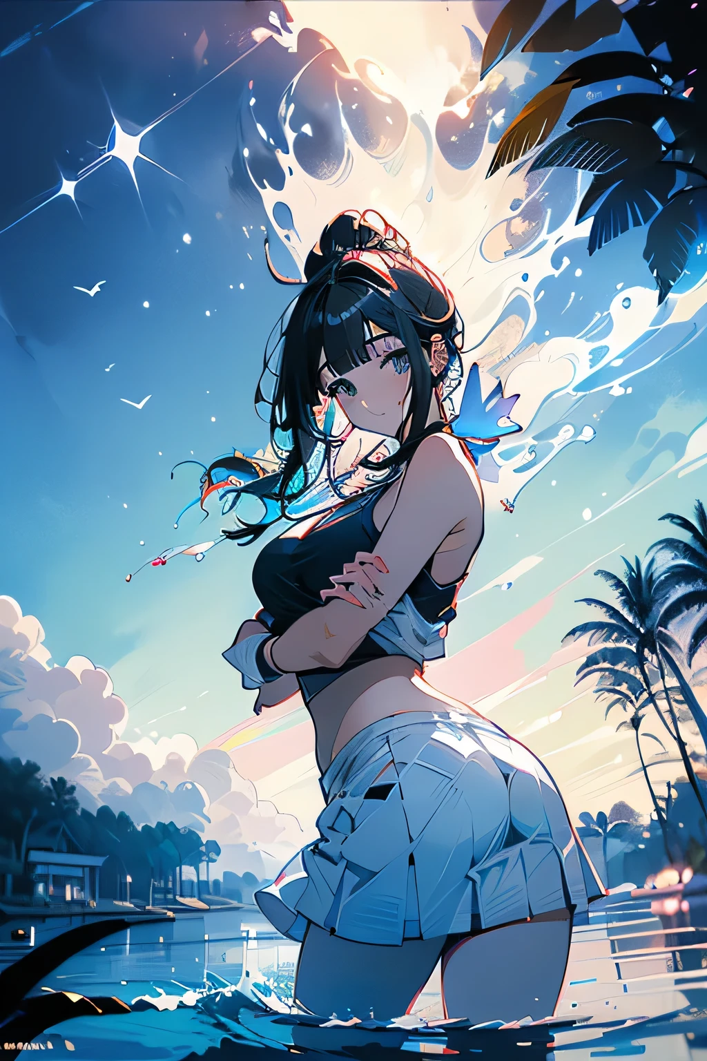 ((panty shot)),((lifting skirt)),((white panties focus)),(low angle,from below),((masterpiece, highest resolution,best quality)), (beautiful illustration), ((semi long beautiful black hair,blunt bangs,pony tail,beautiful eyes)),(solo),(elegant swimsuit, bikini,),(looking at the viewer), (bathing in the sea),(innocent cute laugh), (cinematic lighting),beach, sand, night sky, full moon,waves, coconut tree,fish,boat,sea gull,