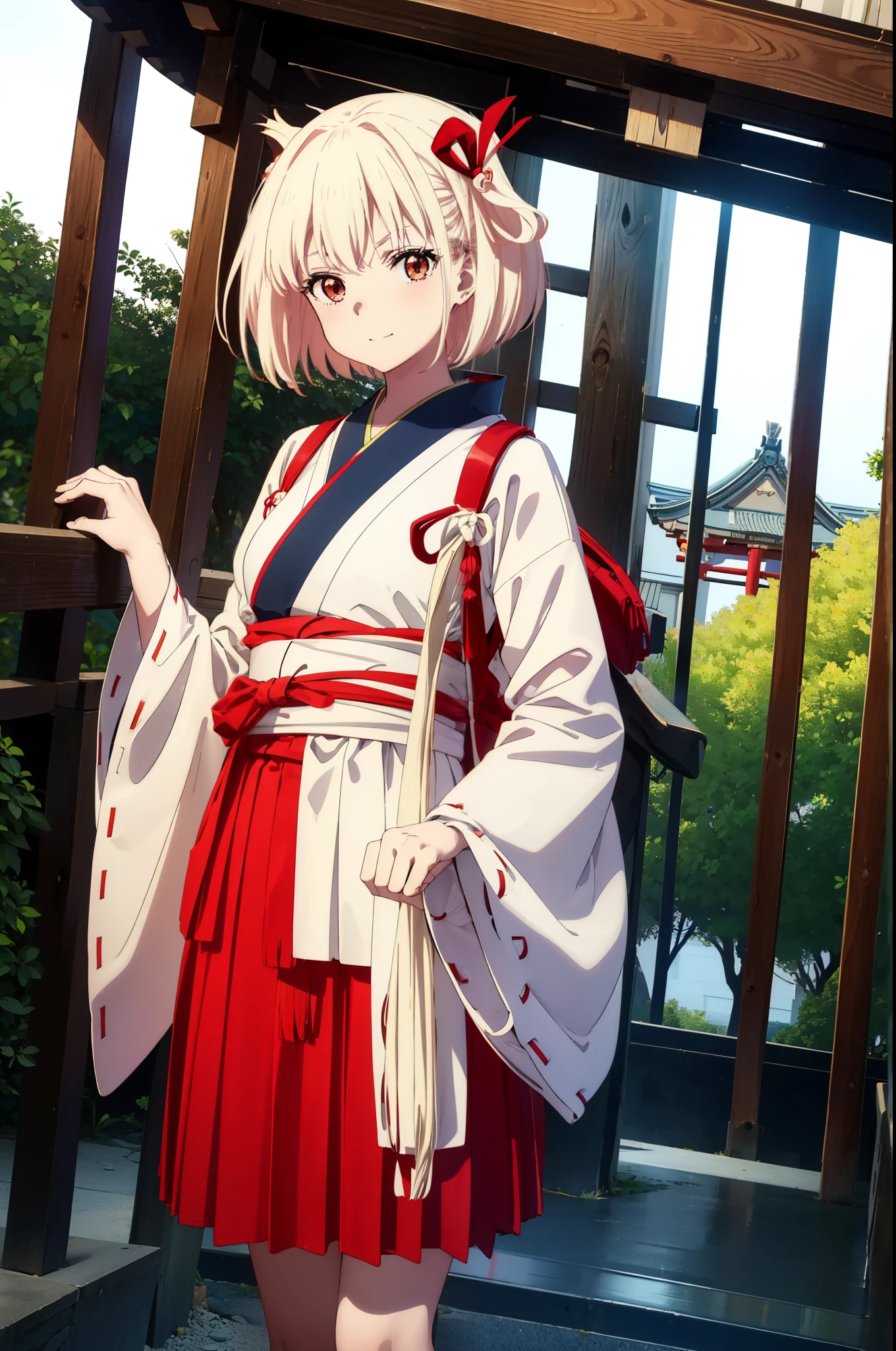 chisatonishikigi, Chisato Nishikigi, short hair, bangs, Blonde Hair, (Red eyes:1.5),happy smile, smile, Open your mouth, hair ribbon, One side up, Bobcut,Platycodon grandiflorum,Miko, White Kimono, kimono, Long red hakama,White tabi,Sandals,As with the skirt, Wide sleeves, Long sleeve, Ribbon-trimmed sleeves, Are standing, Daytime,Clear skies,
break outdoors, shrine,torii,
break looking at viewer, (Cowboy Shot:1.5),
break (masterpiece:1.2), highest quality, High resolution, unity 8k wallpaper, (figure:0.8), (Beautiful fine details:1.6), Highly detailed face, Perfect lighting, Highly detailed CG, (Perfect hands, Perfect Anatomy),