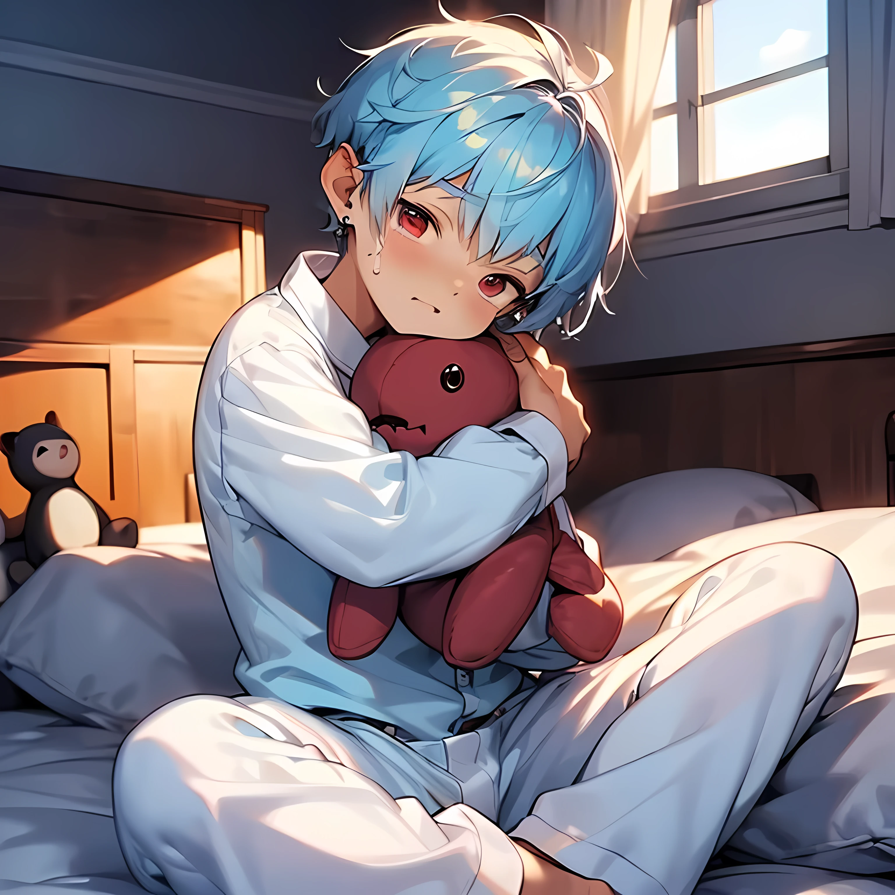 (boldline:-1.6), (indian style sitting on bed:1.5), (raising one leg:1.5), (hugging stuffed toy:1.6), BREAK (cute lion stuffed toy:1.5), (best quality:1.5), (absolutely resolution:1.5), (ultra detailed:1.5), (masterpiece:1.5), (perfect face:1.5), (detailed face:1.5), (detailed eyes:1.5), (cute face), (shota:1.65), BREAK (white pajamas:1.5), BREAK (cute animal pattern:1.5), (bulge:1.5), (skinny:1.3), (spiked hair), BREAK (light blue hair:1.5), (wine red eyes:1.4), (half closed eyes:1.3), (eyes with high light), ((mole under eye)), (sweaty skin), BREAK (anguish:1.5), (crying), ((earrings)), (shiny skin:1.3), BREAK (bed room:1.8),
BREAK (brown bed sheets:1.5), (large window:1.5), (at twilight:1.5), (((wind blowing))), from below, wide angle,