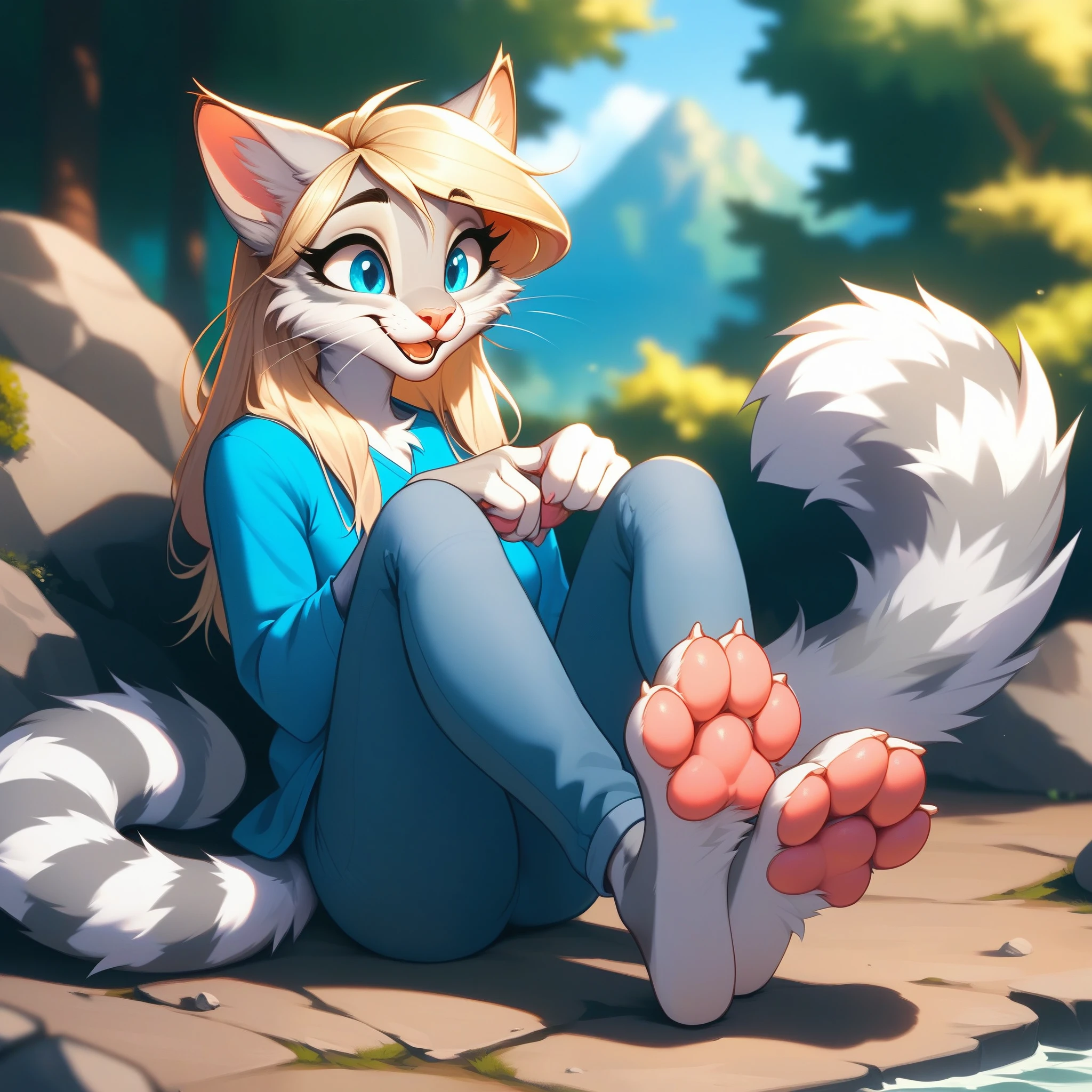 Solo,  score_9,score_8_up,score_7_up, source_furry, Kat, Anthro furry feline girl, tall body, hourglass figure, adult female, blue eyes, silver fur, blonde hair with pony tail, (striped tail), white whiskers, pink nose, wearing simple blue long sleeve tunic, light brown fitted pants, barefoot, feet paws, 4 toes, pink paw pads, foot focus, she is holding a brown boot, she is smiling, mouth open, looking relieved, sitting on a rock, outdoors, sunny day