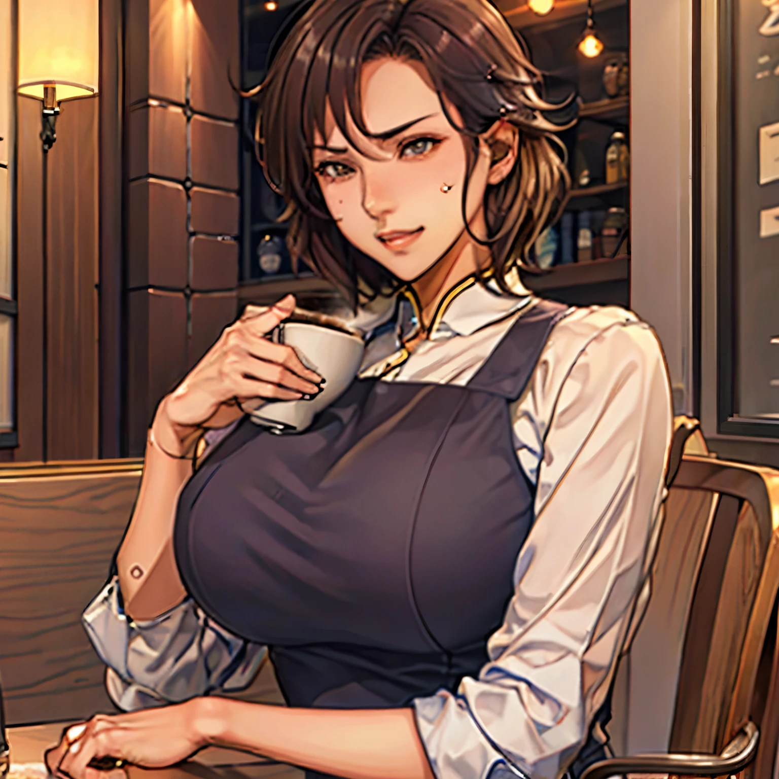 Cheek resting on hand、最高masterpiece、A woman sitting on a chair drinking coffee in a cafe、Anime Girls、Very short hairstyle、Short blonde、Detailed face、"(masterpiece、Premium Quality:1.2)、Random Pause、Dynamic Composition、Unbelievably huge breasts for a human body