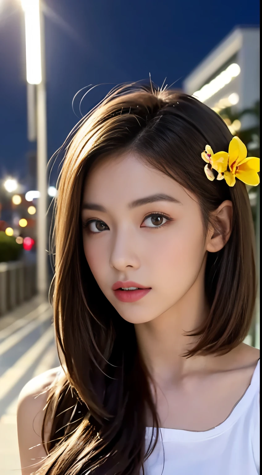 ((realistic light、Highest quality、8ก、Masterpiece:1.3))、Clear focus:1.2、1 woman、beautiful perfect body:1.4、Slim stomach:1.1、whole body、((Dark brown shoulder-length bob、Big deal,,:1.3))、(Acceleration:1.4)、(outdoor、nighttime:1.1)、View of Waikiki Beach、slim face、beautiful eyes、Double eyelids、Pose of a fashion model、Flowing hair、Frangipani hair accessories、White loose round neck t-shirt、during、