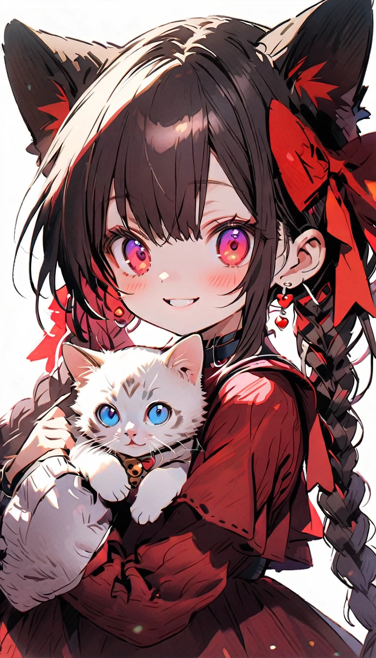 2female\(cat,furry,cute,kawaii,small kid,smile,hair floating,hair color dark red,long braid hair,eye color dark red,big eyes,white fur,red dress,breast,) AND 2female\(small,dwarf elf,smile\), BREAK ,background\(outside,beautiful garden\), BREAK ,quality\(8k,wallpaper of extremely detailed CG unit, ​masterpiece,hight resolution,top-quality,top-quality real texture skin,hyper realisitic,increase the resolution,RAW photos,best qualtiy,highly detailed,the wallpaper,cinematic lighting,ray trace,golden ratio\)