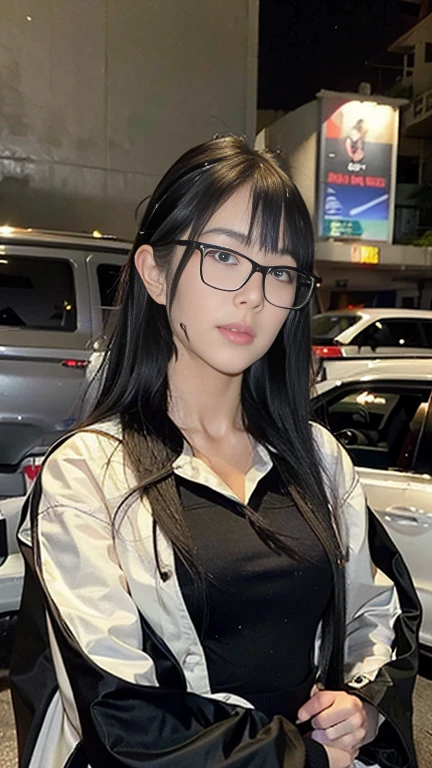 best quality, ultra high res, (photorealistic:1.4), 1girl, the girl wearing black sailor uniform, long hair, night, city scape background, city light, cinematic lighting, 80s filter, zoom to face, detailed face , looking at viewer, front view