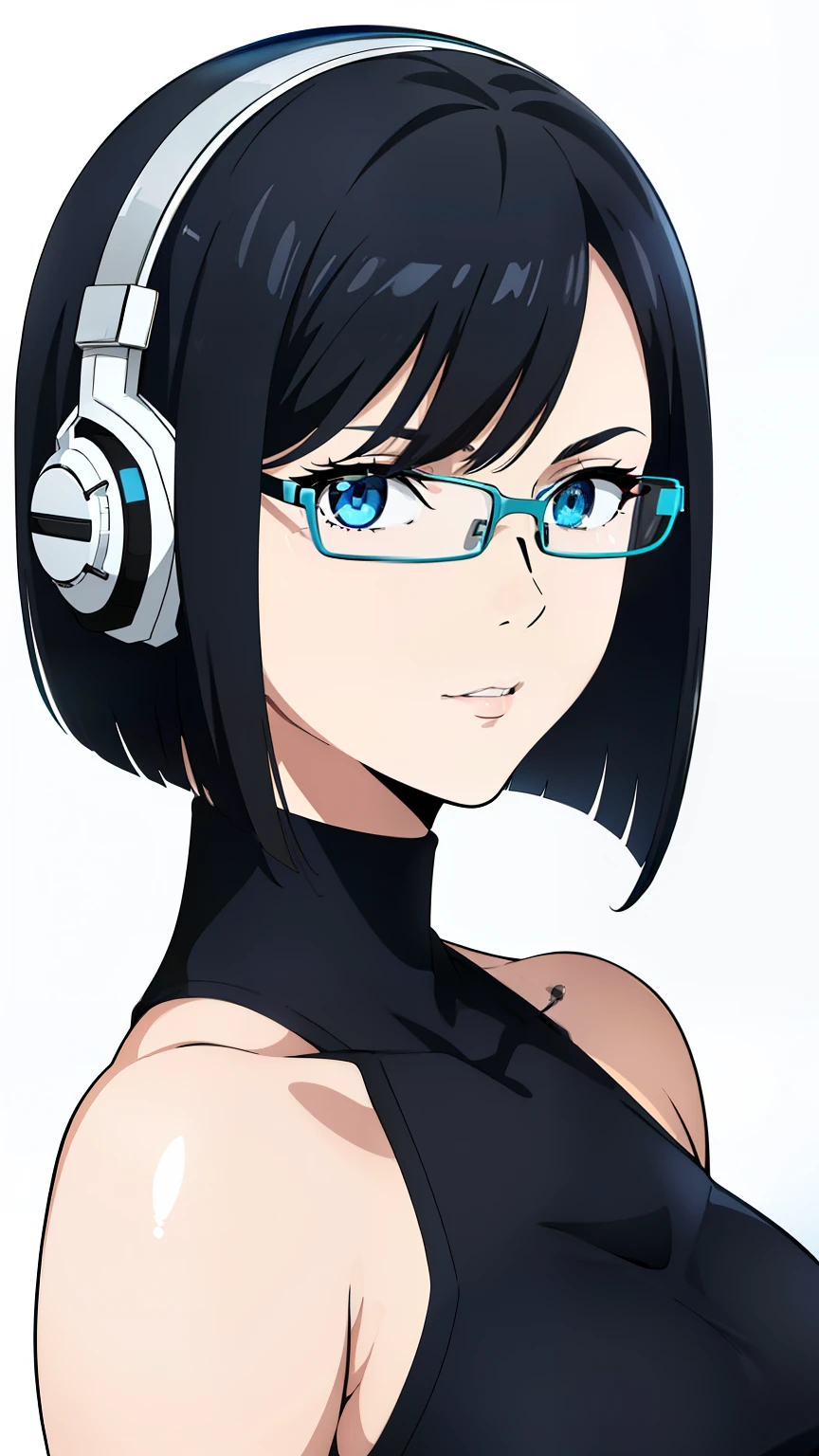 (best quality:1.5, highres, UHD, 4K, detailed lighting, shaders), black hair, short hair, sleek bob hair, cool woman, cool girl, sharp eyes, blue eyes, beautiful, (pov, close shot), simple background, casual clothes, with headphones, with glasses