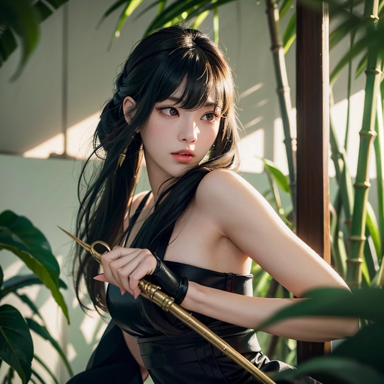 a female samurai in combat stance, sword drawn from its scabbard, fully prepared for battle, (in a bamboo forest), (wind lifting leaves), highly detailed skin on her shoulders (1.2), 8K ultra HD, DSLR camera, soft lighting, high quality, cute girl, 1girl, beautiful detailed eyes, beautiful detailed lips, extremely detailed face and eyes, long eyelashes, long black hair, delicate facial features, looking directly at viewer, best quality, 4k, 8k, highres, masterpiece:1.2, ultra-detailed, realistic, photorealistic:1.37, HDR, studio lighting, sharp focus, physically-based rendering, extremely detailed description, professional, vivid colors, natural lighting, portrait,a beautiful young girl with large, expressive eyes, delicate facial features, and fluffy chestnut hair posing confidently while wearing a Spy x Family Yol Forger costume, the image captured as a high-quality, realistic SLR photograph with exceptional detail, vivid colors, and perfect balance, showcasing the girl's striking beauty and the intricate costume design, the lighting and composition drawing the viewer's attention to the subject's captivating