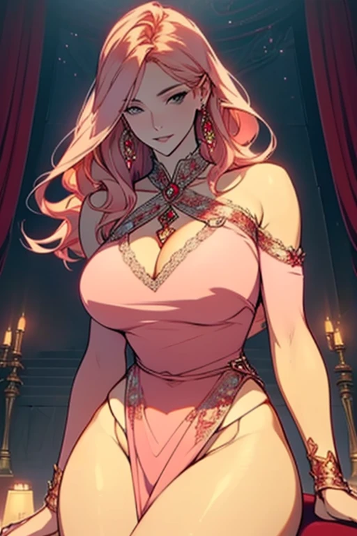 The high priestess' (curvaceous, uplighting, enchanting, red and pink tones) charm is as captivating as rose gold, a blend of beauty and strength with a hint of romance. She brings a touch of elegance and warmth to every situation, much like the delicate hue of this precious alloy. intricately detailed, intricately textured, hyperrealism, filigree
