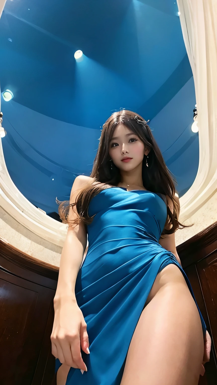 masterpiece、Highest quality、Completely naked、Thigh、Beautiful legs、Sexy Dress、((From below))、Long Hair、Brown Hair、blue、Party Venue