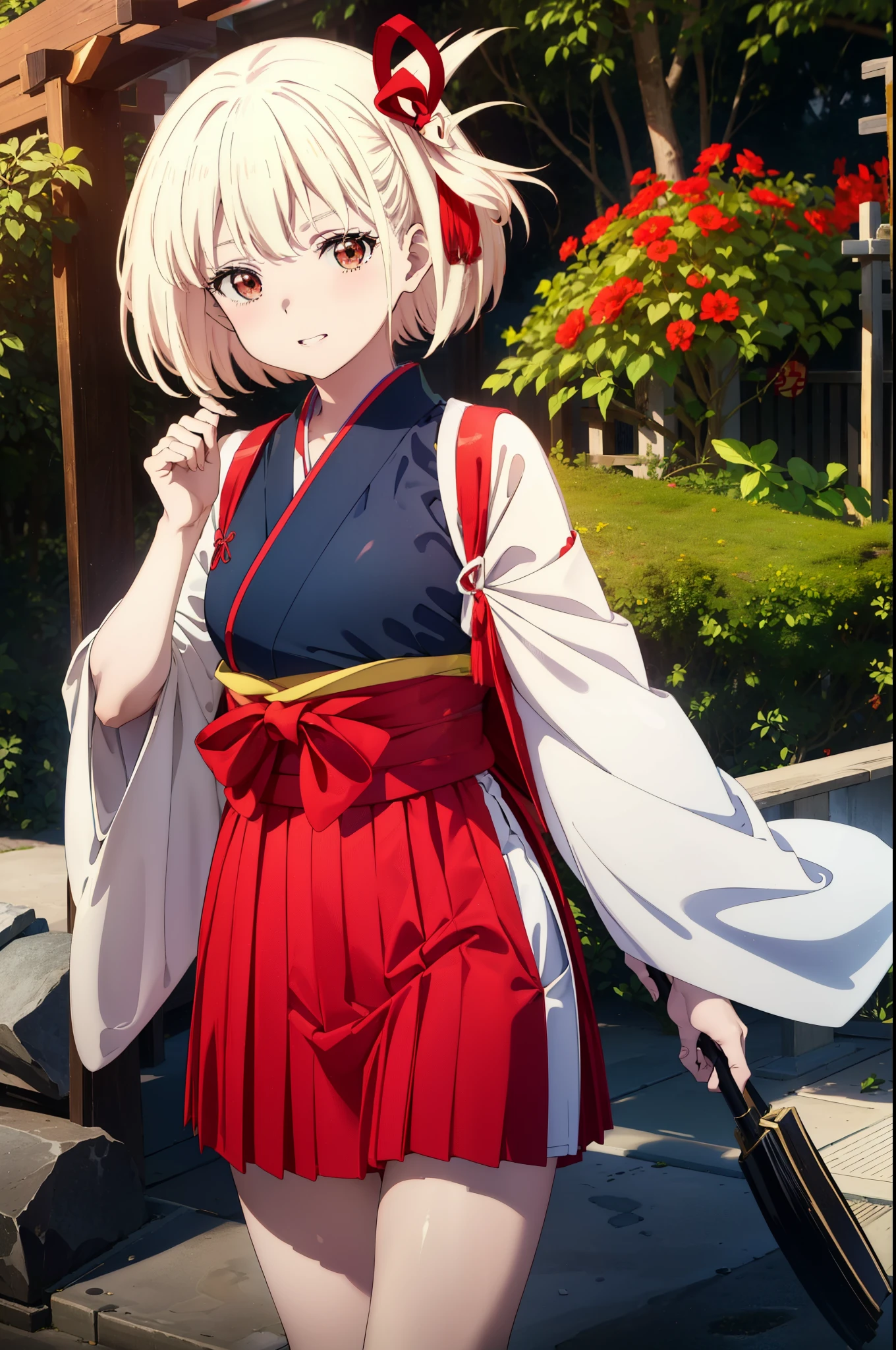 chisatonishikigi, Chisato Nishikigi, short hair, bangs, Blonde Hair, (Red eyes:1.5),happy smile, smile, Open your mouth, hair ribbon, One side up, Bobcut,Platycodon grandiflorum,Miko, White Kimono, kimono, Long red hakama,White tabi,Sandals,As with the skirt, Wide sleeves, Long sleeve, Ribbon-trimmed sleeves, Are standing, Daytime,Clear skies,
break outdoors, shrine,torii,
break looking at viewer, (Cowboy Shot:1.5),
break (masterpiece:1.2), highest quality, High resolution, unity 8k wallpaper, (figure:0.8), (Beautiful fine details:1.6), Highly detailed face, Perfect lighting, Highly detailed CG, (Perfect hands, Perfect Anatomy),