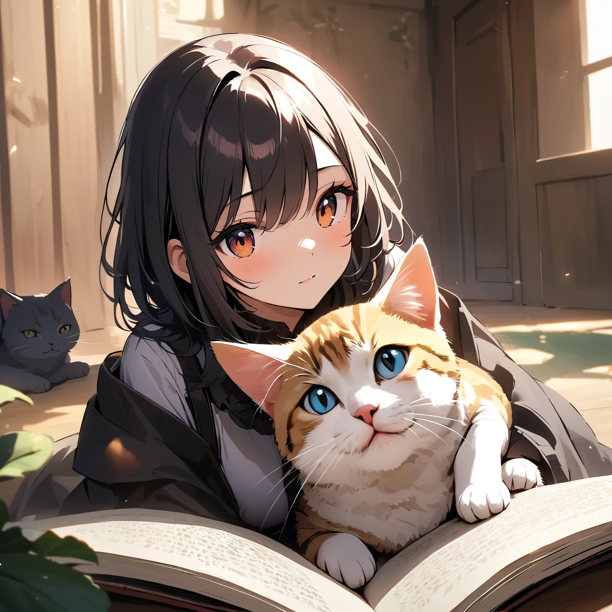 anatomical correct,photography of a girl and a cat reading together, pausing their activity to gaze beyond the camera lens towards you, the viewer. The girl and the cat exhibit a moment of shared curiosity and connection, their attention momentarily diverted from the book to acknowledge the unseen presence capturing their interaction. The scene conveys a sense of intimacy and engagement, inviting viewers to become part of the quiet, endearing moment shared between the girl and her feline companion.
