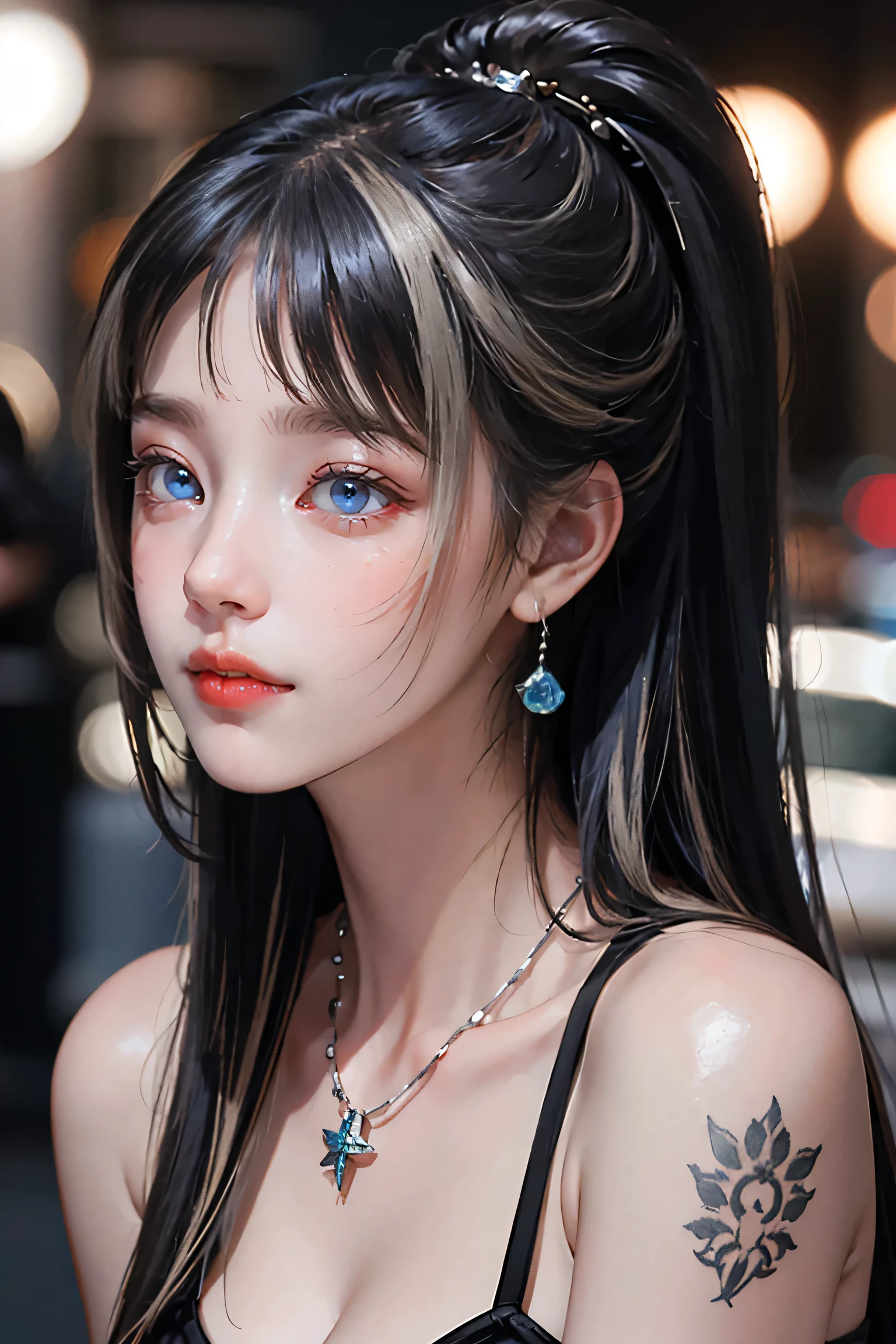 beautiful girl college student, masterpiece, light makeup, Red lips, Silver Hair, Disheveled long hair, Street background, beautiful, elegant. Extremely fine detail, Master Works, Authentic texture, Realism in film lighting, Perfect job, 16k, High resolution, exquisite features,blue eyes、Japanese Idols、Beautiful face、Cute Smile、Brown Hair、beautiful hair、ponytail、glamorous、 Big Breasts、Erect nipples、Greasy muscle、Shiny skin、Sunburned skin、Shining black skin、Wearing a bra top and thong, Bright big eyes, Smooth Skin, Earrings, necklace, tattoo
