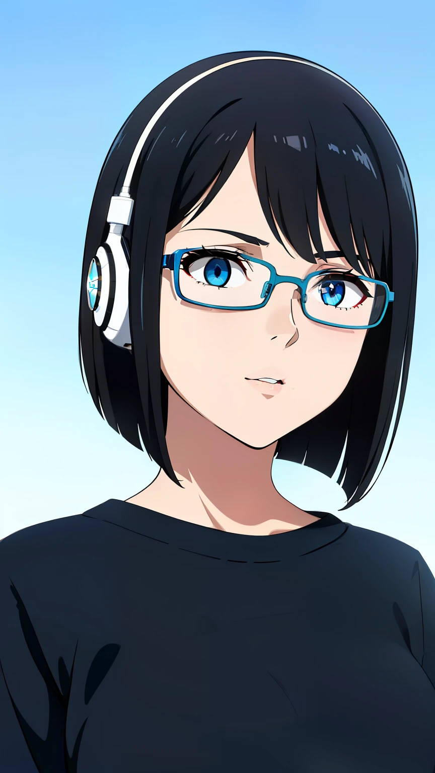 (best quality:1.5, highres, UHD, 4K, detailed lighting, shaders), black hair, short hair, sleek bob hair, cool woman, cool girl, sharp eyes, blue eyes, beautiful, (pov, close shot), simple background, casual clothes, with headphones, with glasses