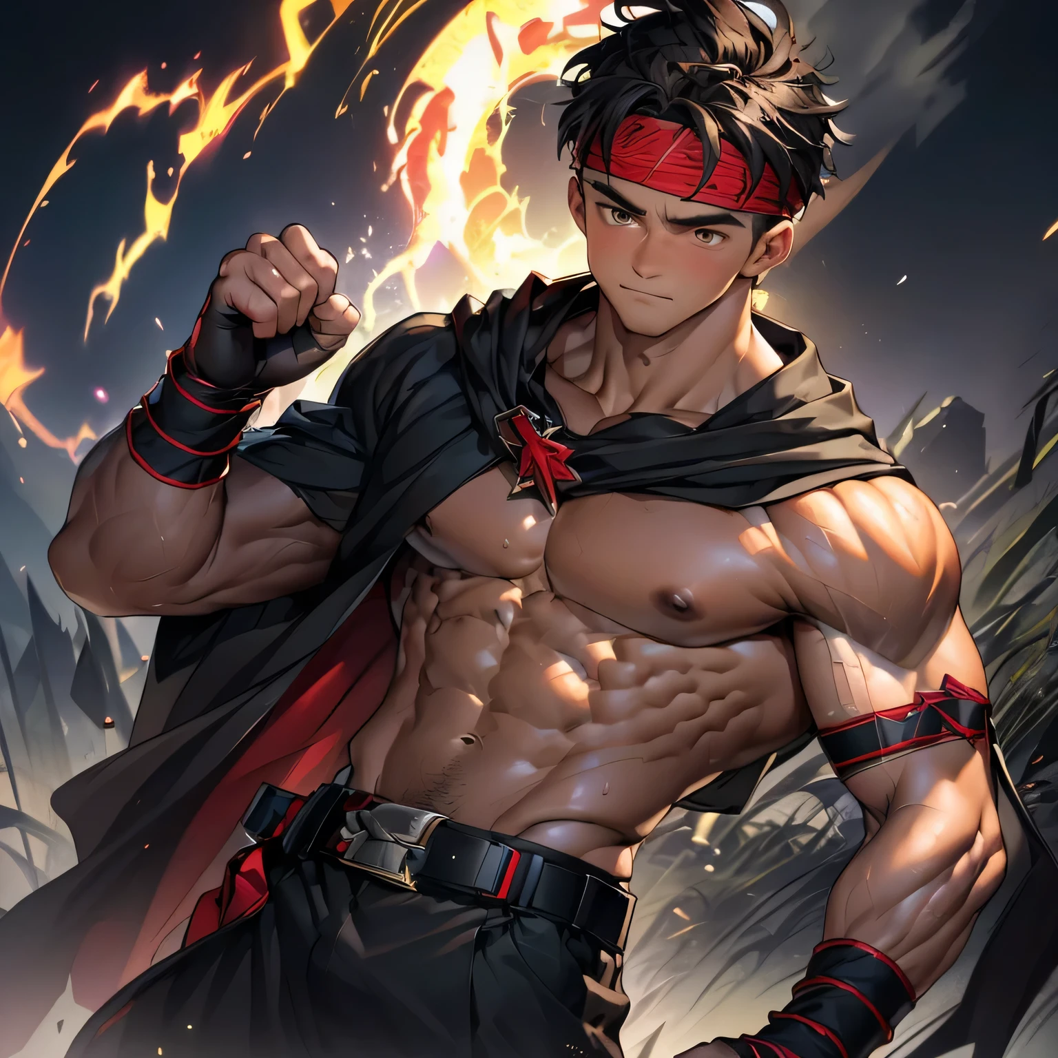 (Masterpiece, Best quality 19 year old boy, black background), solo, Young, boy, muscler, (Dark Short straight hair, under cut, brown eyes, topless), (red headband, ((fingerless gloves, belt, black wristband, long cloak))), (hot Abs:1.2, abs!, big abs, big breast:1.2, chest!, upper arms), Vivid colors, muscler body, (aura power:1.4), detailed face, detailed muscle, (((A magical mystical aura, rippling muscles, chilling atmosphere, subtle color tones, dynamic pose, intense action scene)))