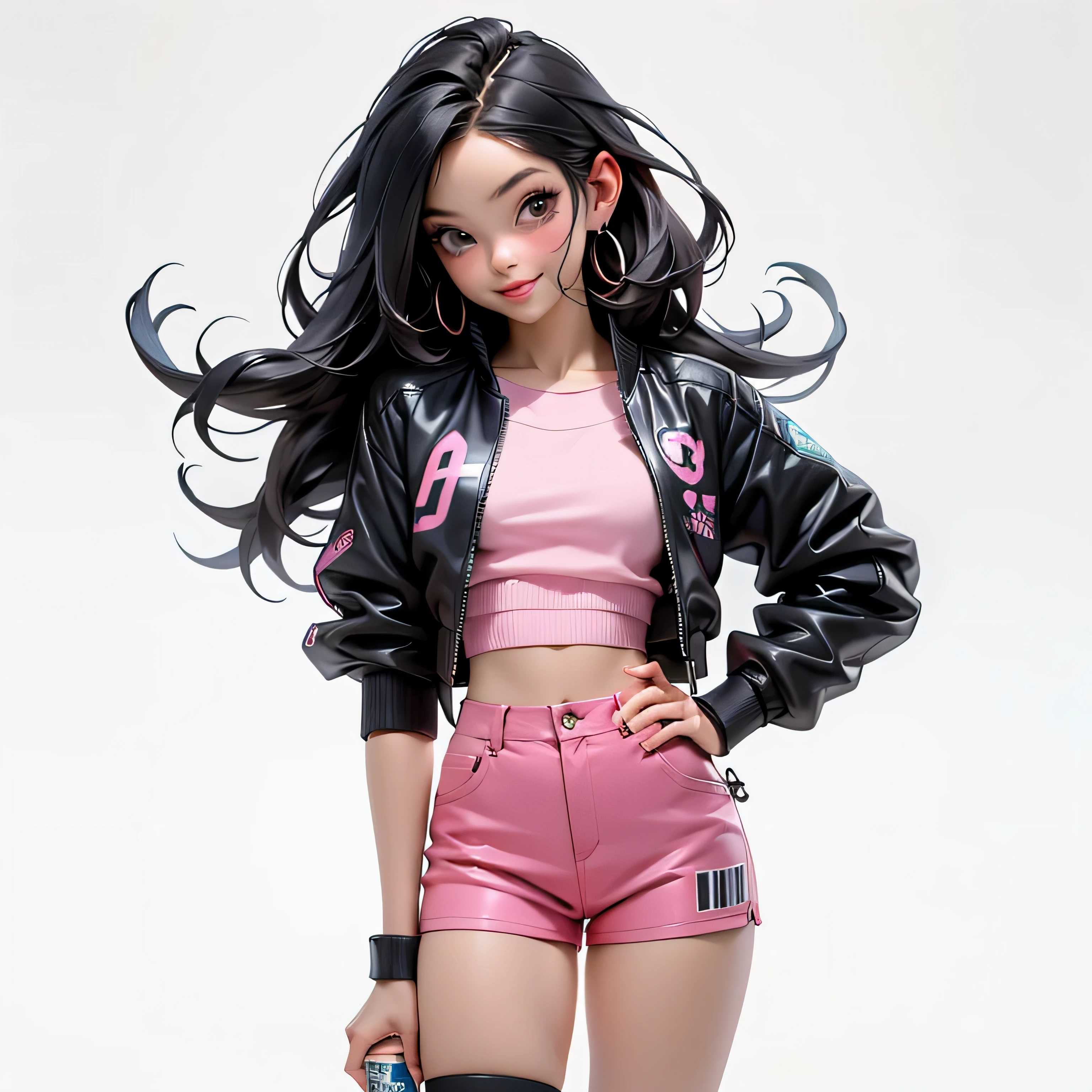 ((Best Quality, best resolution, award-winning portrait, official art)), ((perfect Masterpiece)), ((Realistic)) and ultra-detailed photography of a 1nerdy girl with goth and post apocalyptic colors. She has ((long whispy long Black-colored hair)), wears a (Pink Bomber Jacket with a white Tshirt and a Black Crop top) and a (Harajuku-inspired shorts:1.2) , ((the most beautiful and sexy aesthetic)), Holding a soda can, Show the whole body, Leaning back, Head tilt, winking, laughting, white background, Smiling. Knee high socks, Dynamic pose Full Body, top down view