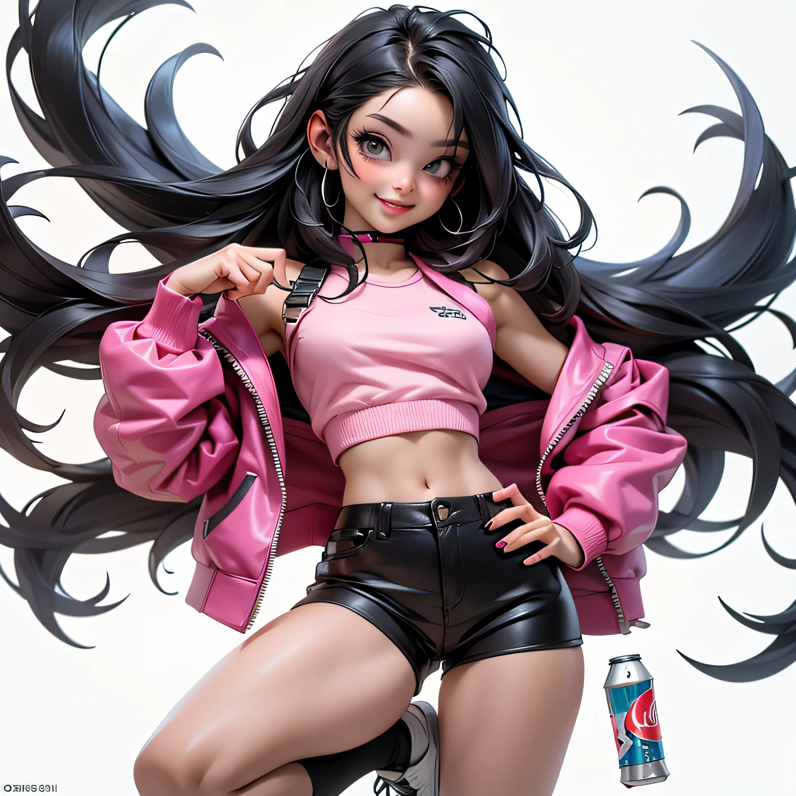 ((Best Quality, best resolution, award-winning portrait, official art)), ((perfect Masterpiece)), ((Realistic)) and ultra-detailed photography of a 1nerdy girl with goth and post apocalyptic colors. She has ((long whispy long Black-colored hair)), wears a (Pink Bomber Jacket with a white Tshirt and a Black Crop top) and a (Harajuku-inspired shorts:1.2) , ((the most beautiful and sexy aesthetic)), Holding a soda can, Show the whole body, Leaning back, Head tilt, winking, laughting, white background, Smiling. Knee high socks,  Dynamic pose Full Body