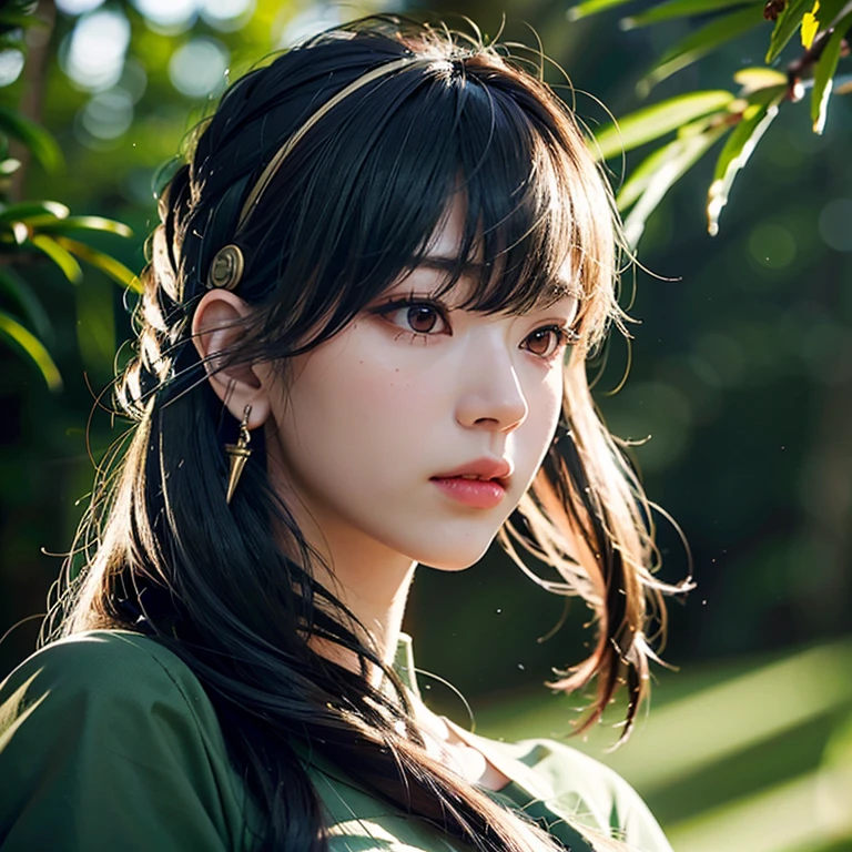a female samurai in combat stance, sword drawn from its scabbard, fully prepared for battle, (in a bamboo forest), (wind lifting leaves), highly detailed skin on her shoulders (1.2), 8K ultra HD, DSLR camera, soft lighting, high quality, cute girl, 1girl, beautiful detailed eyes, beautiful detailed lips, extremely detailed face and eyes, long eyelashes, long black hair, delicate facial features, looking directly at viewer, best quality, 4k, 8k, highres, masterpiece:1.2, ultra-detailed, realistic, photorealistic:1.37, HDR, studio lighting, sharp focus, physically-based rendering, extremely detailed description, professional, vivid colors, natural lighting, portrait,a beautiful young girl with large, expressive eyes, delicate facial features, and fluffy chestnut hair posing confidently while wearing a Spy x Family Yol Forger costume, the image captured as a high-quality, realistic SLR photograph with exceptional detail, vivid colors, and perfect balance, showcasing the girl's striking beauty and the intricate costume design, the lighting and composition drawing the viewer's attention to the subject's captivating