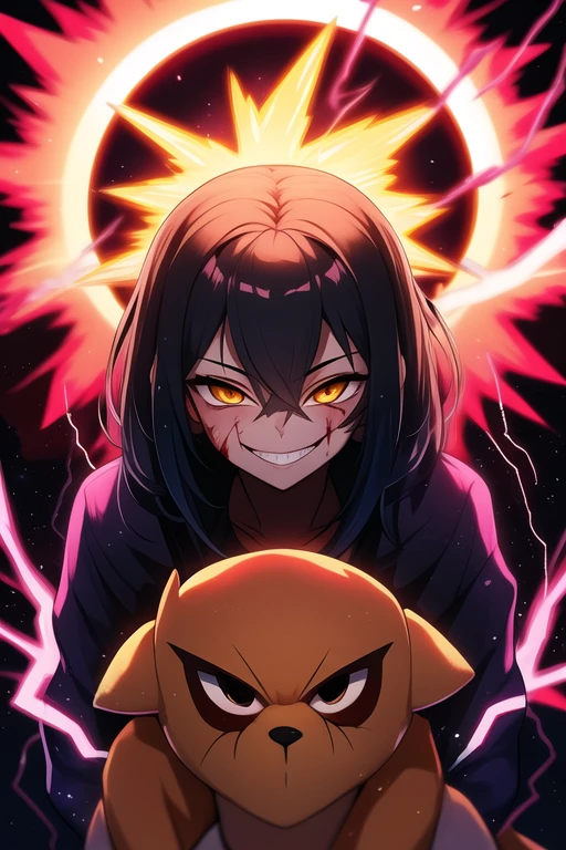 1 chica, pelo volador, ojos rojos, bruja de fuego, sangre en la cara, light particles, lightning bolts, fondo de pantalla, vistoso, alto contraste, vampiro, sonrisa afectada, sonrisa maligna, psychopathic sonrisa afectada, psychopathic smile, cabeza inclinada