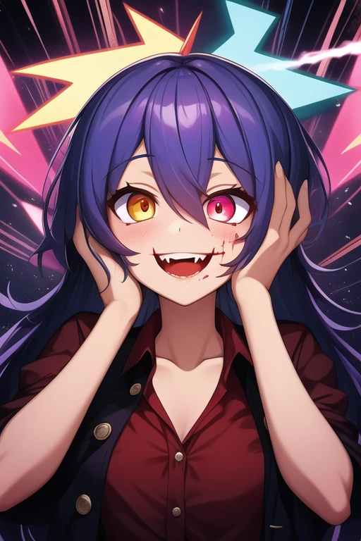 1 chica, pelo volador, ojos rojos, bruja de fuego, sangre en la cara, light particles, lightning bolts, fondo de pantalla, vistoso, alto contraste, vampiro, sonrisa afectada, sonrisa maligna, psychopathic sonrisa afectada, psychopathic smile, cabeza inclinada