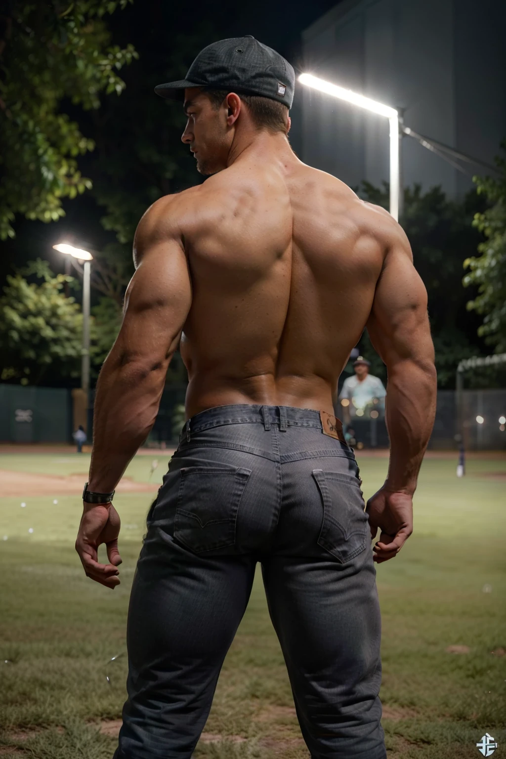 instagram photo, creative shot, fitness influencer gymgjock, very handsome, baseball cap ((catcher's cap)), gray jeans, show off, outside in the park, Use floodlights to illuminate completely and without shadows
, physique, superior arrogance, super buff and cool, he is like a muscled young god. ((Big butt)) (((Backside)))