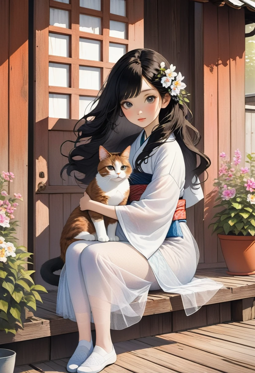 Beautiful oriental girl holding a cat，black flowing hair，Pure white tulle kimono，White socks，Sitting on a wooden porch in front of a rusty old wooden door, simply dressed and looking at the camera，Watercolor edge rendering.hyper-realistic、Wavy curls、textured,Blurred background,Potted flowers on the porch。( Perfect anatomical structure ) Beautiful and extremely fine texture，detailed, bright, High-quality animation style presentation