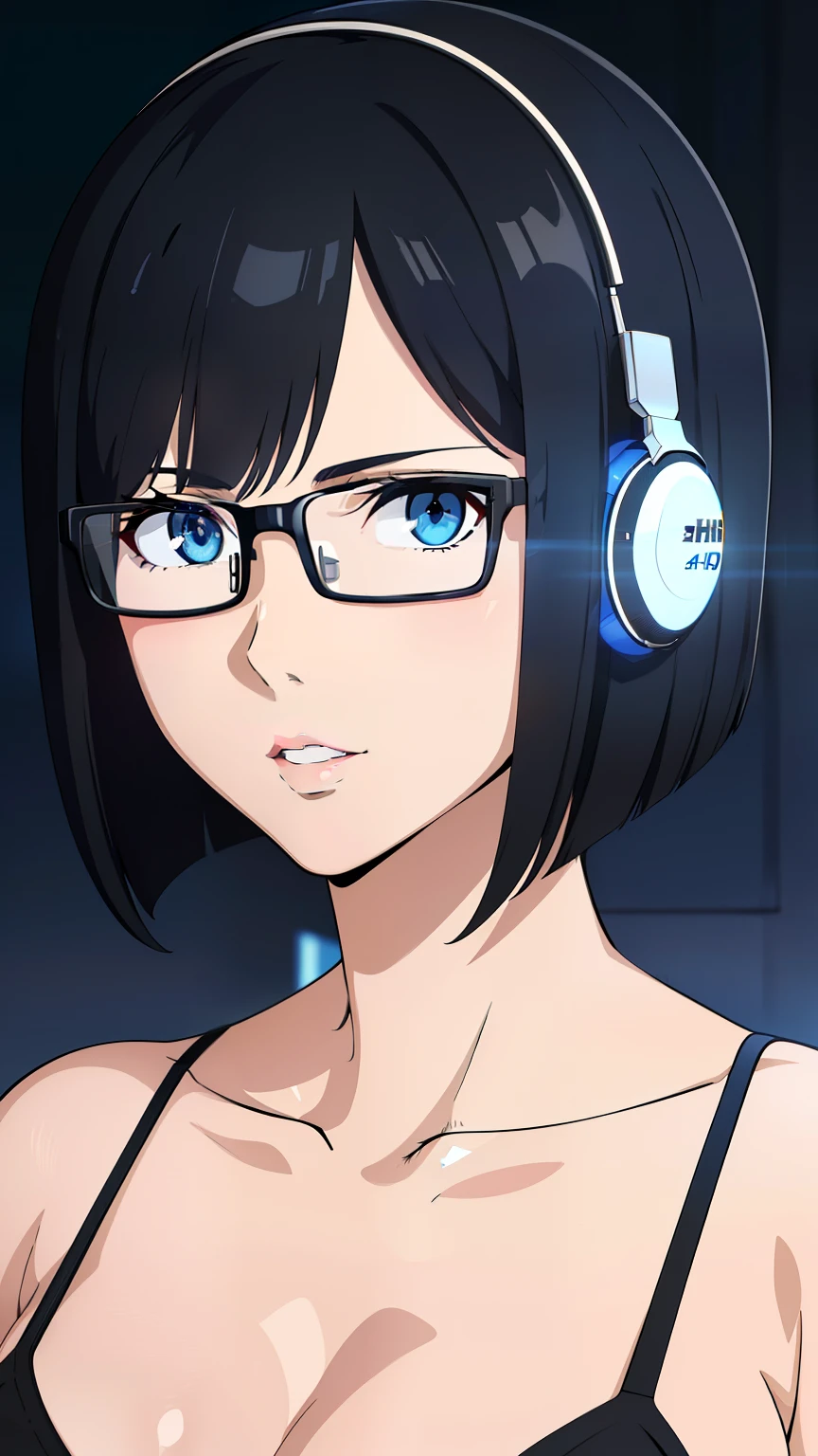 (best quality:1.5, highres, UHD, 4K, detailed lighting, shaders), black hair, short hair, sleek bob hair, cool woman, cool girl, sharp eyes, blue eyes, beautiful, (pov, close shot), simple background, casual clothes, with headphones, with glasses